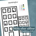 Matte-höghus. Arbetsblad måla efter siffror. Addition 1-5