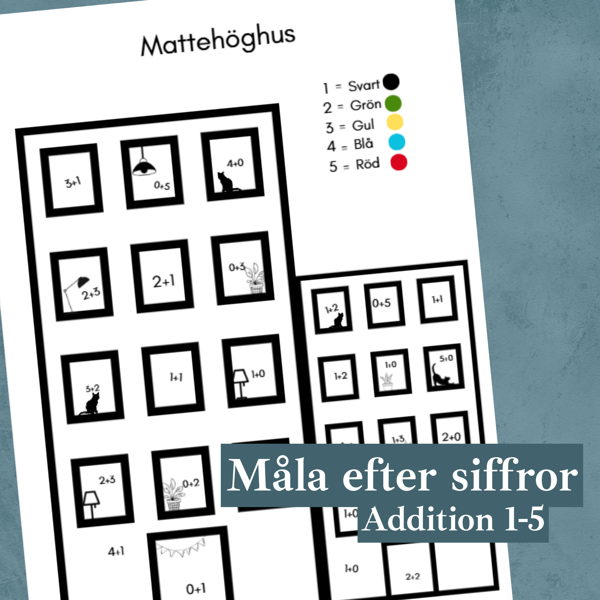 Matte-höghus. Arbetsblad måla efter siffror. Addition 1-5