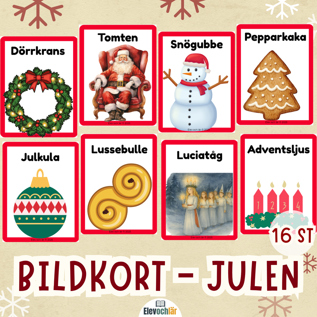 Bildkort julen - 16 stycken bildstöd med julens ord