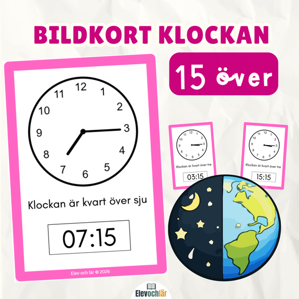 Bildkort klockan kvart (15) över (digital och analog tid)