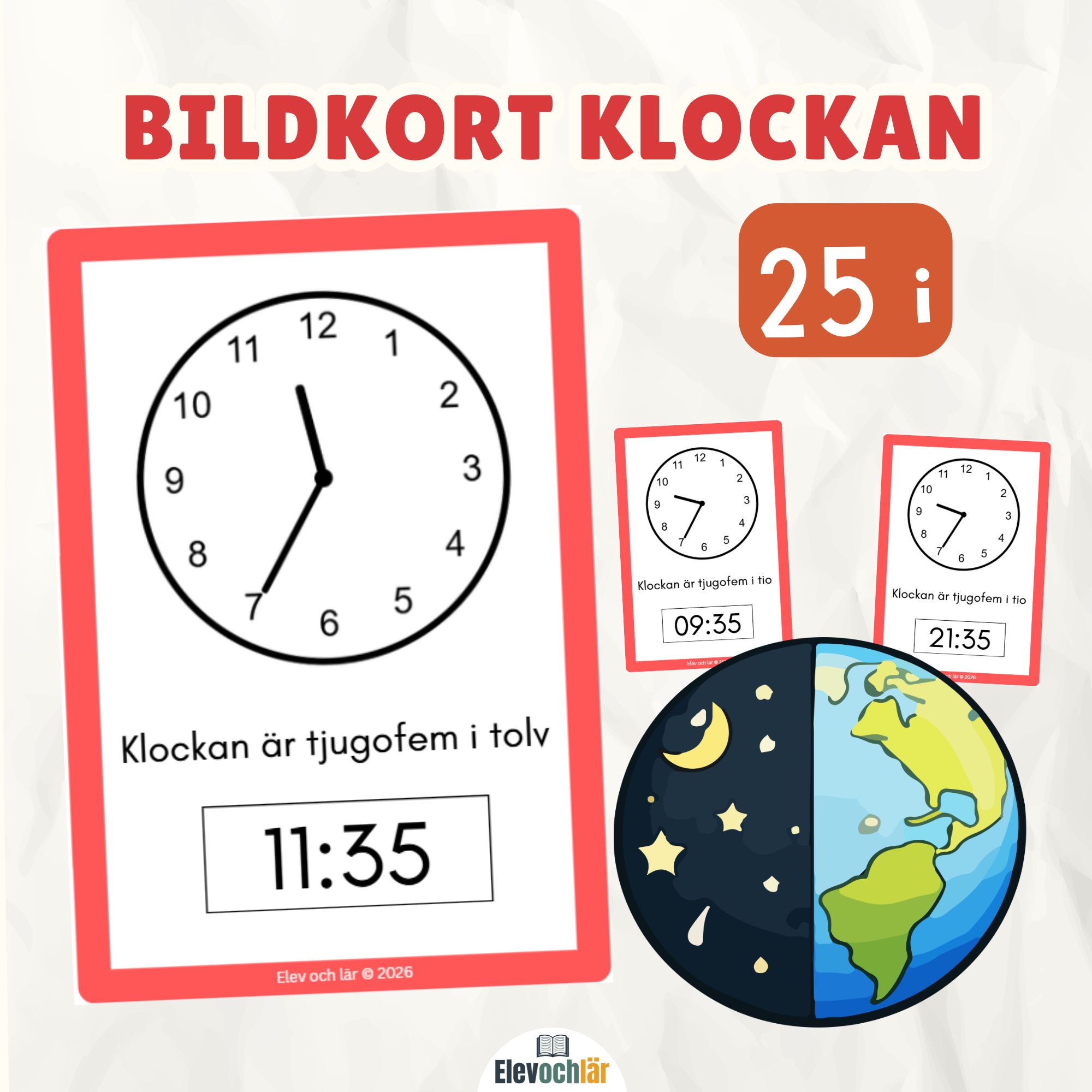 Bildkort klockan 25 i (digital och analog tid)