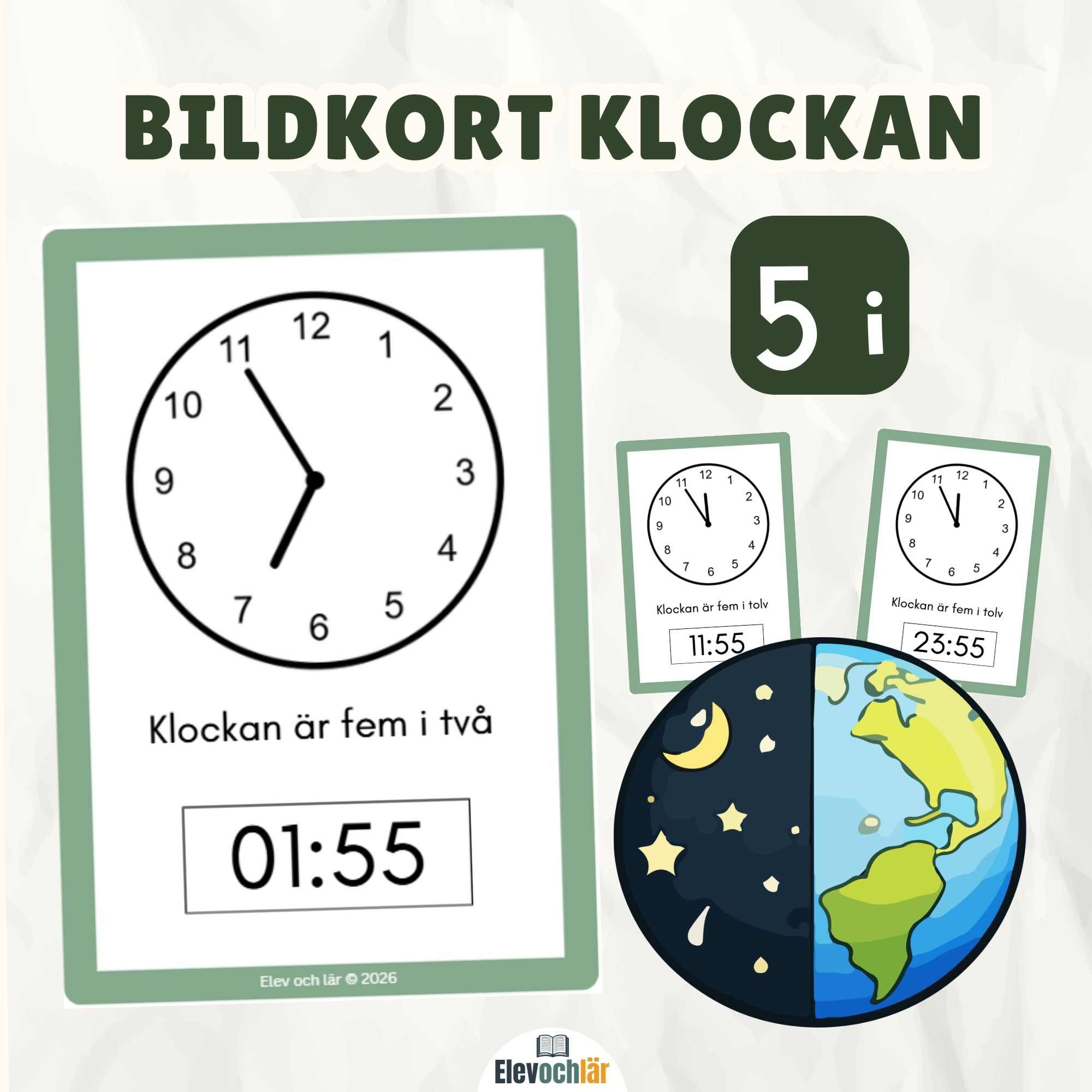 Bildkort klockan 5 i (digital och analog tid)