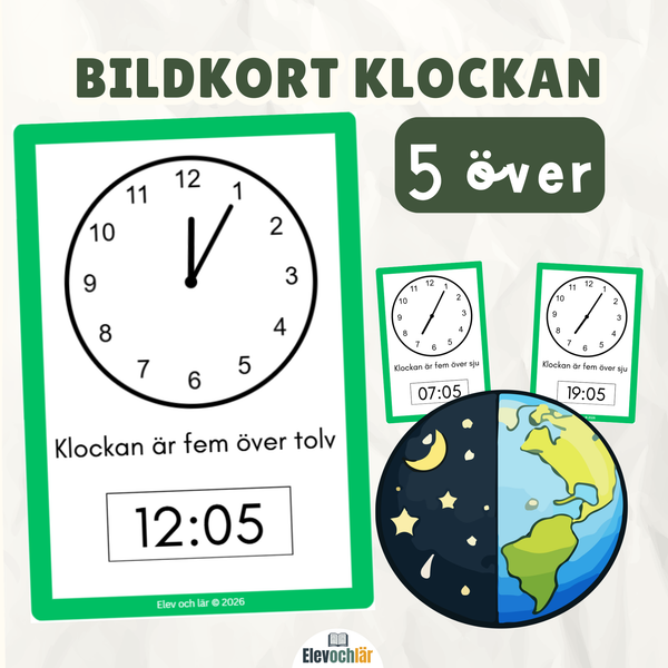 Bildkort klockan 5 över (digital och analog tid)