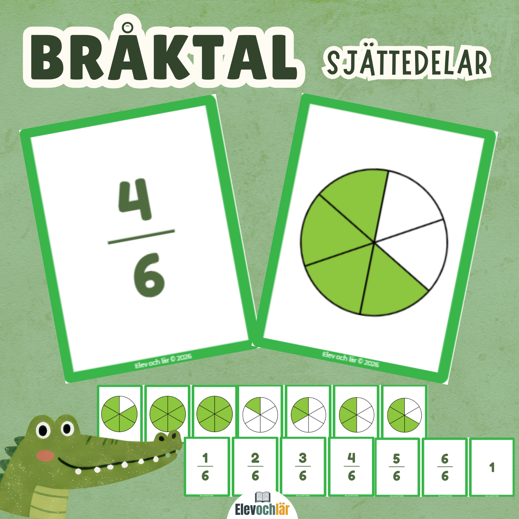 Bråktal sjättedelar - bildkort med cirklar i 6 delar