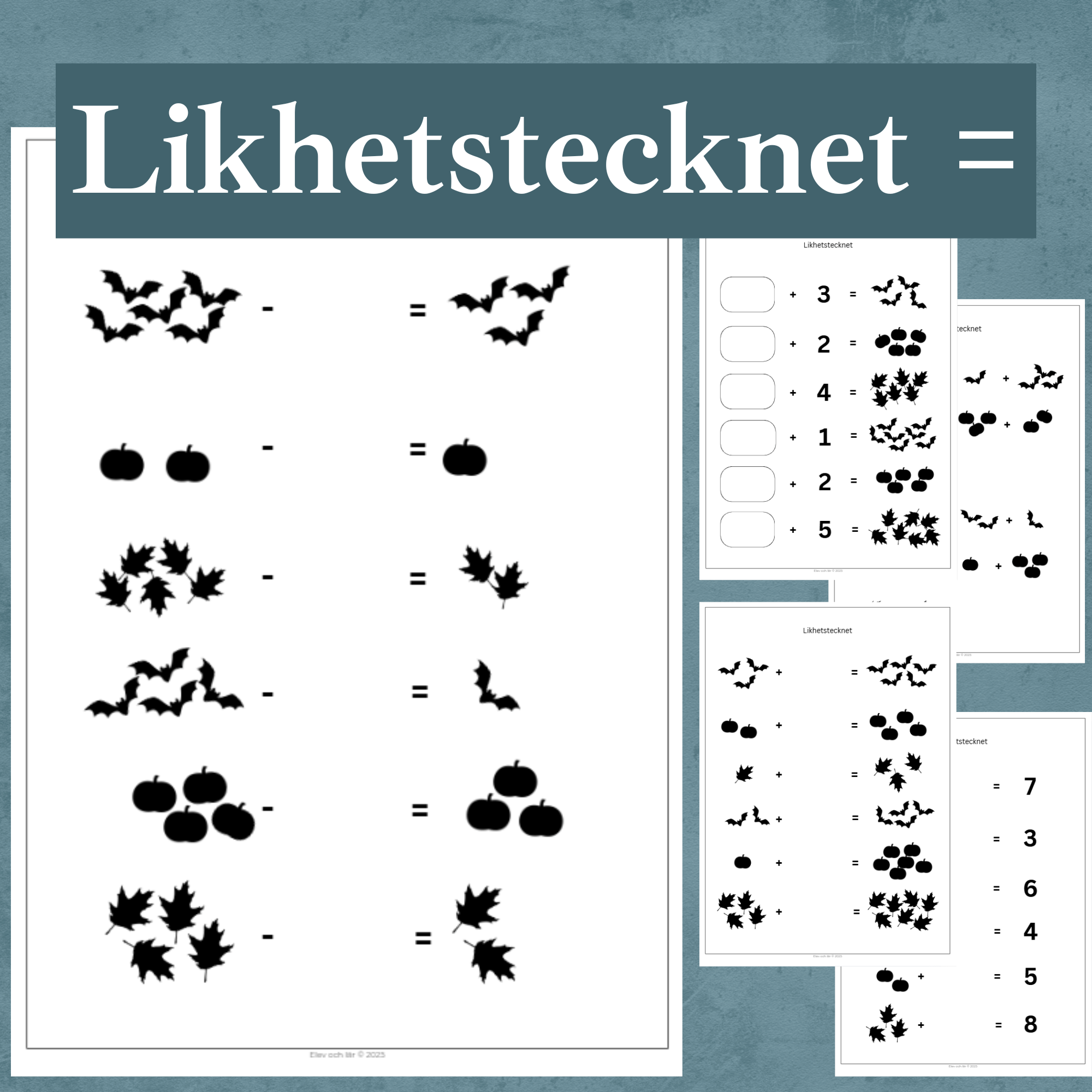 Häfte Likhetstecknet 5 arbetsblad med hösttema. Addition och subtraktion.