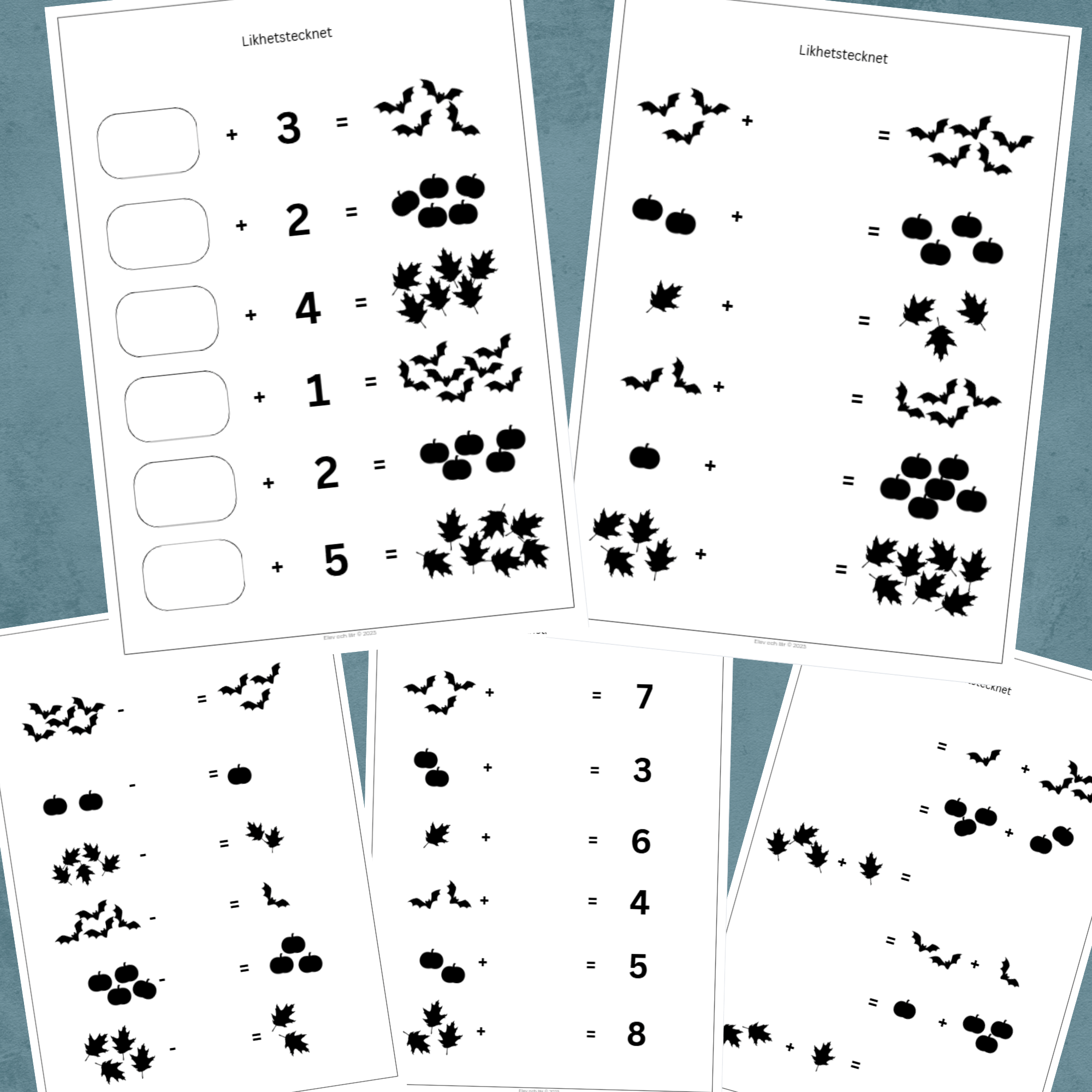 Häfte Likhetstecknet 5 arbetsblad med hösttema. Addition och subtraktion.