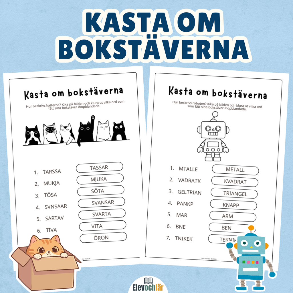 Kasta om bokstäverna - Katter och robot 2 arbetsblad