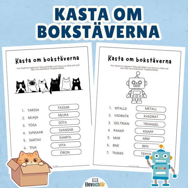 Kasta om bokstäverna - Katter och robot 2 arbetsblad