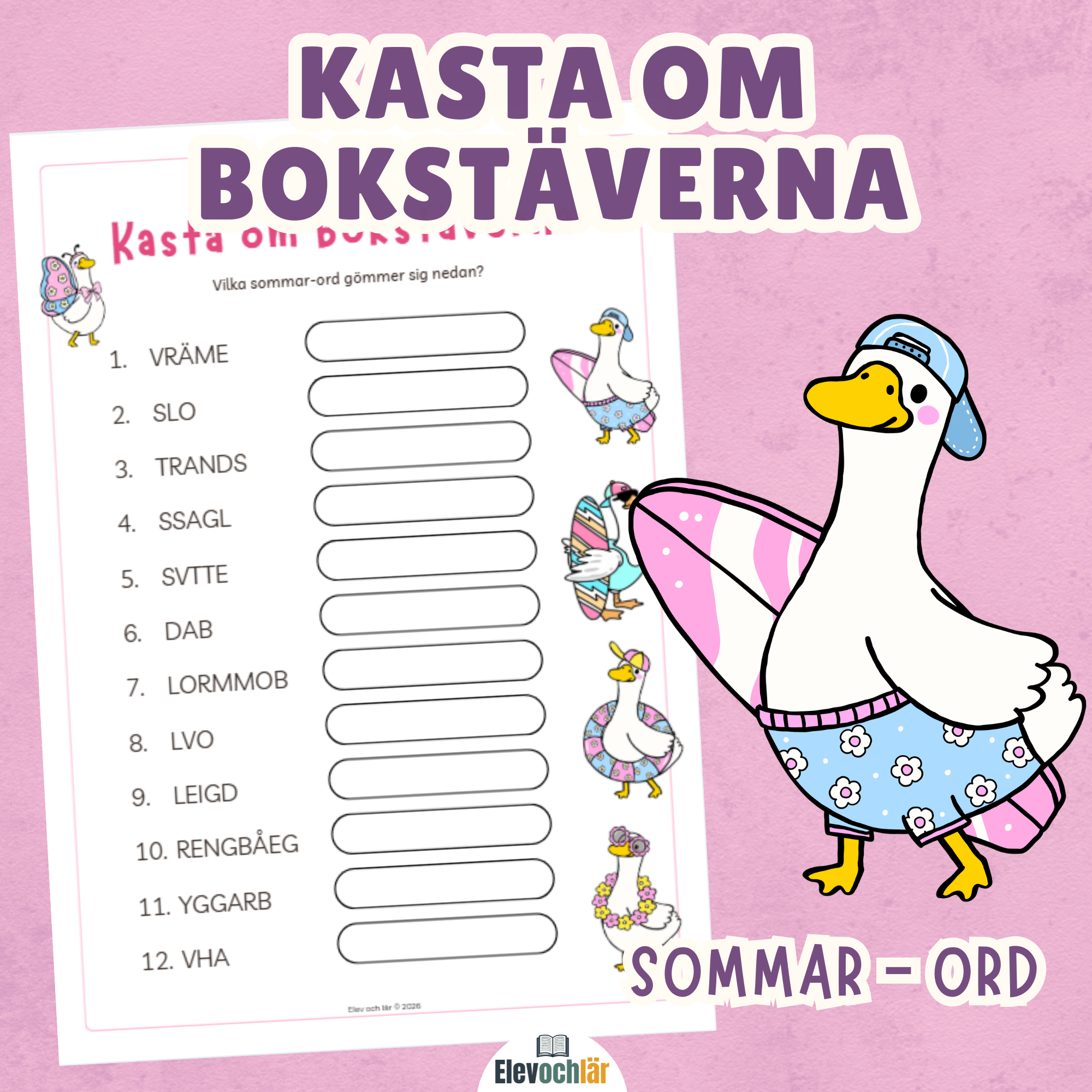 Kasta om bokstäverna. Sommar-ord + facit