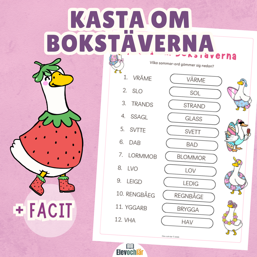 Kasta om bokstäverna. Sommar-ord + facit