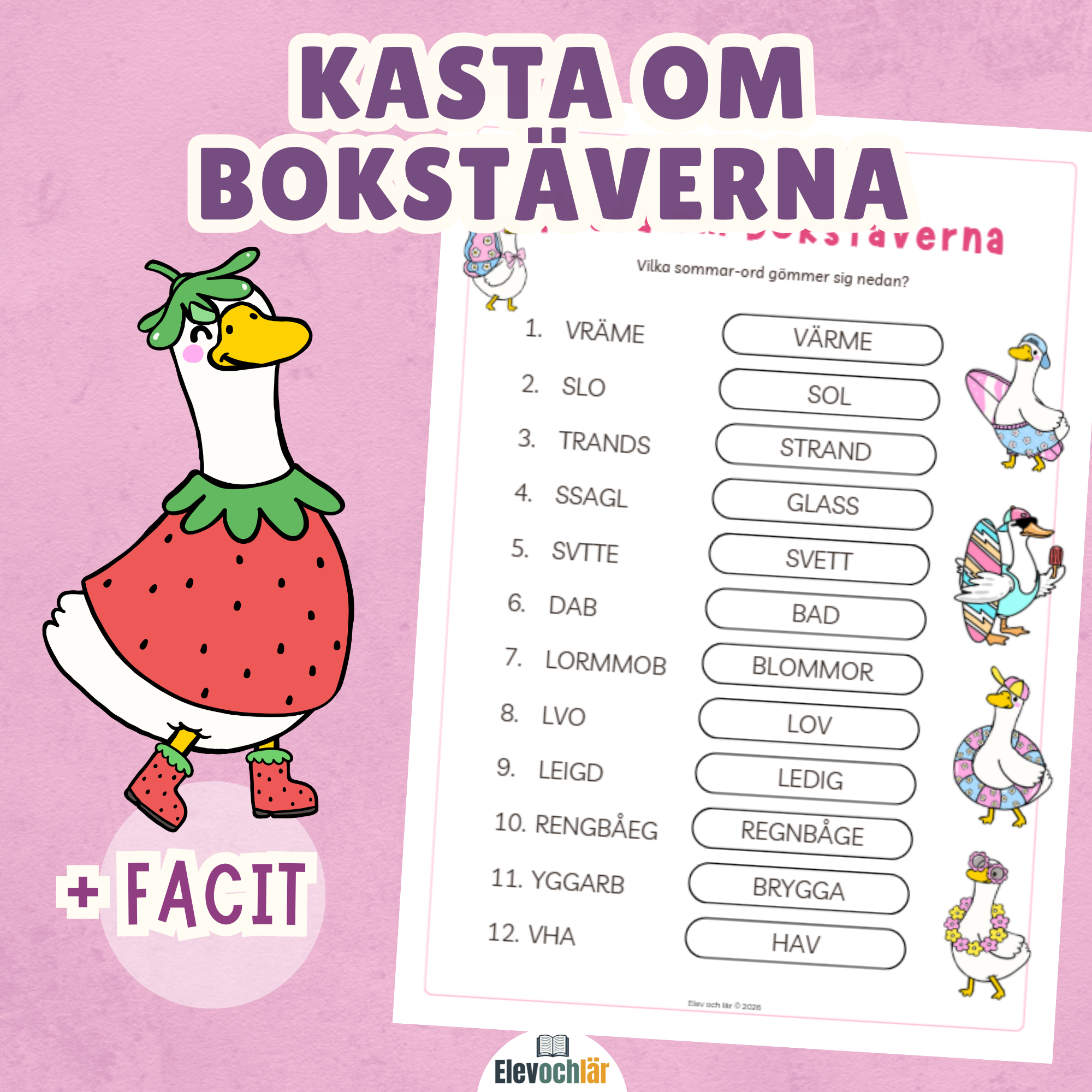 Kasta om bokstäverna. Sommar-ord + facit