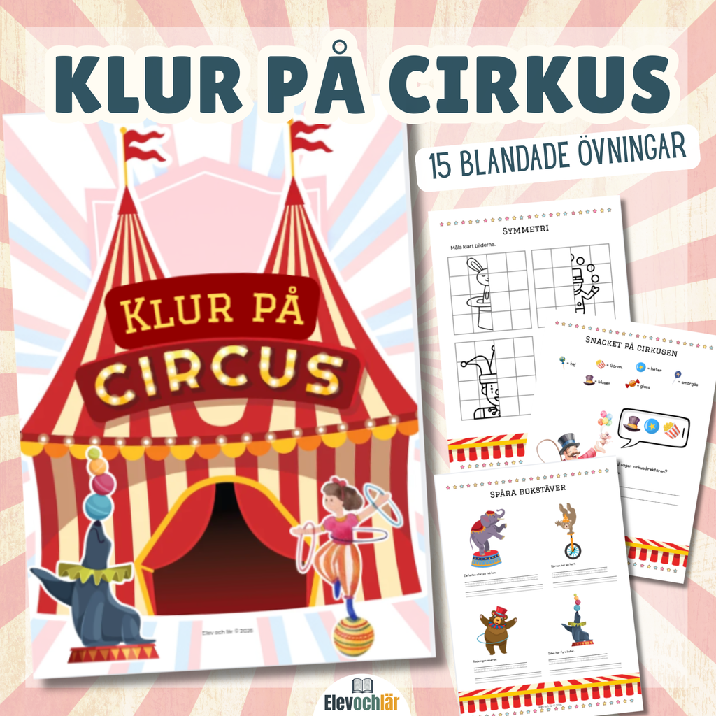 Arbetshäfte Klur på cirkus! 15 blad att öva på färger, stavning och mönster.