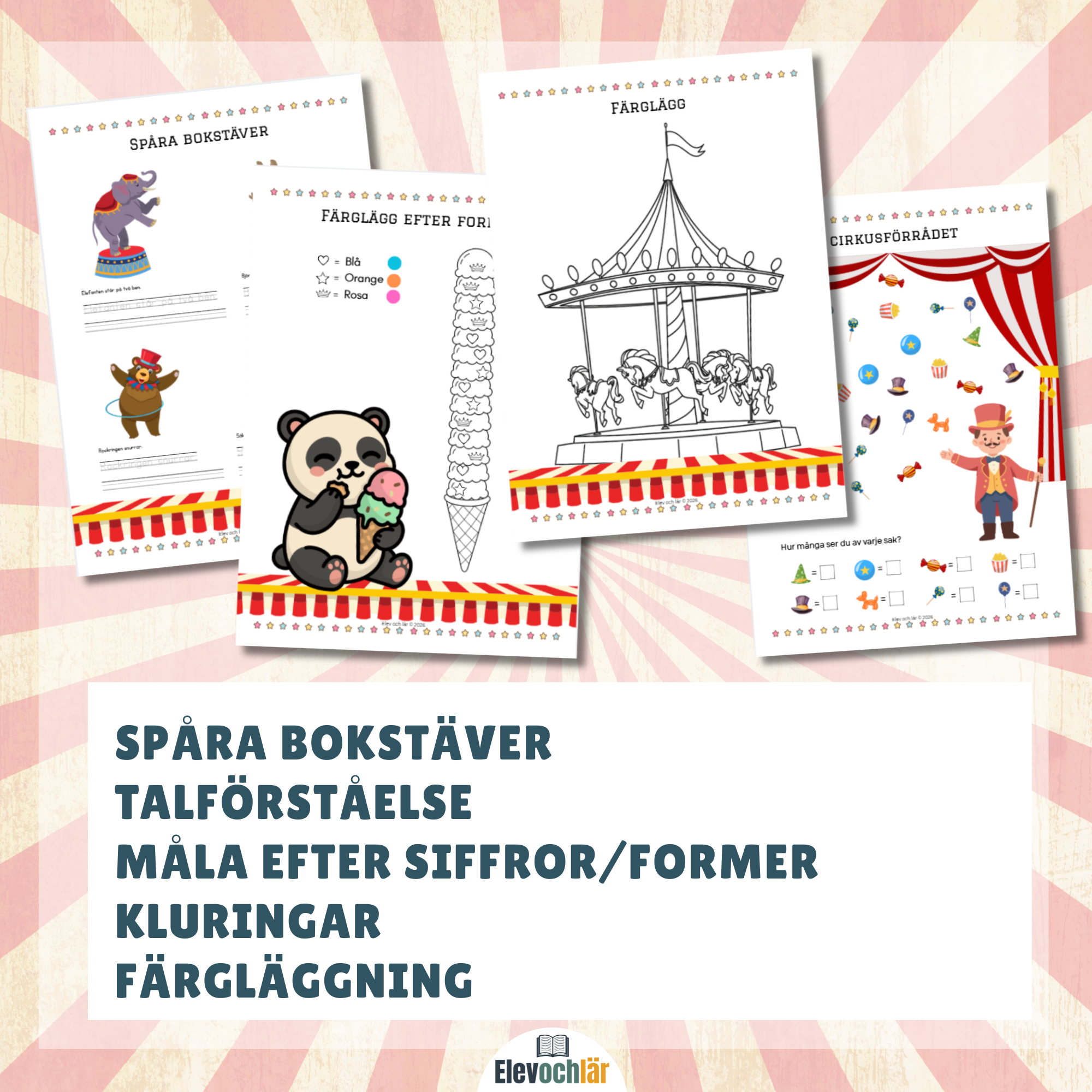 Arbetshäfte Klur på cirkus! 15 blad att öva på färger, stavning och mönster.