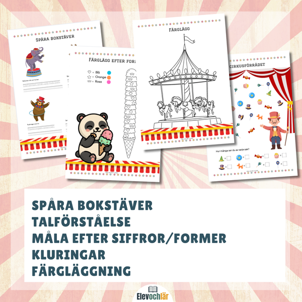 Arbetshäfte Klur på cirkus! 15 blad att öva på färger, stavning och mönster.
