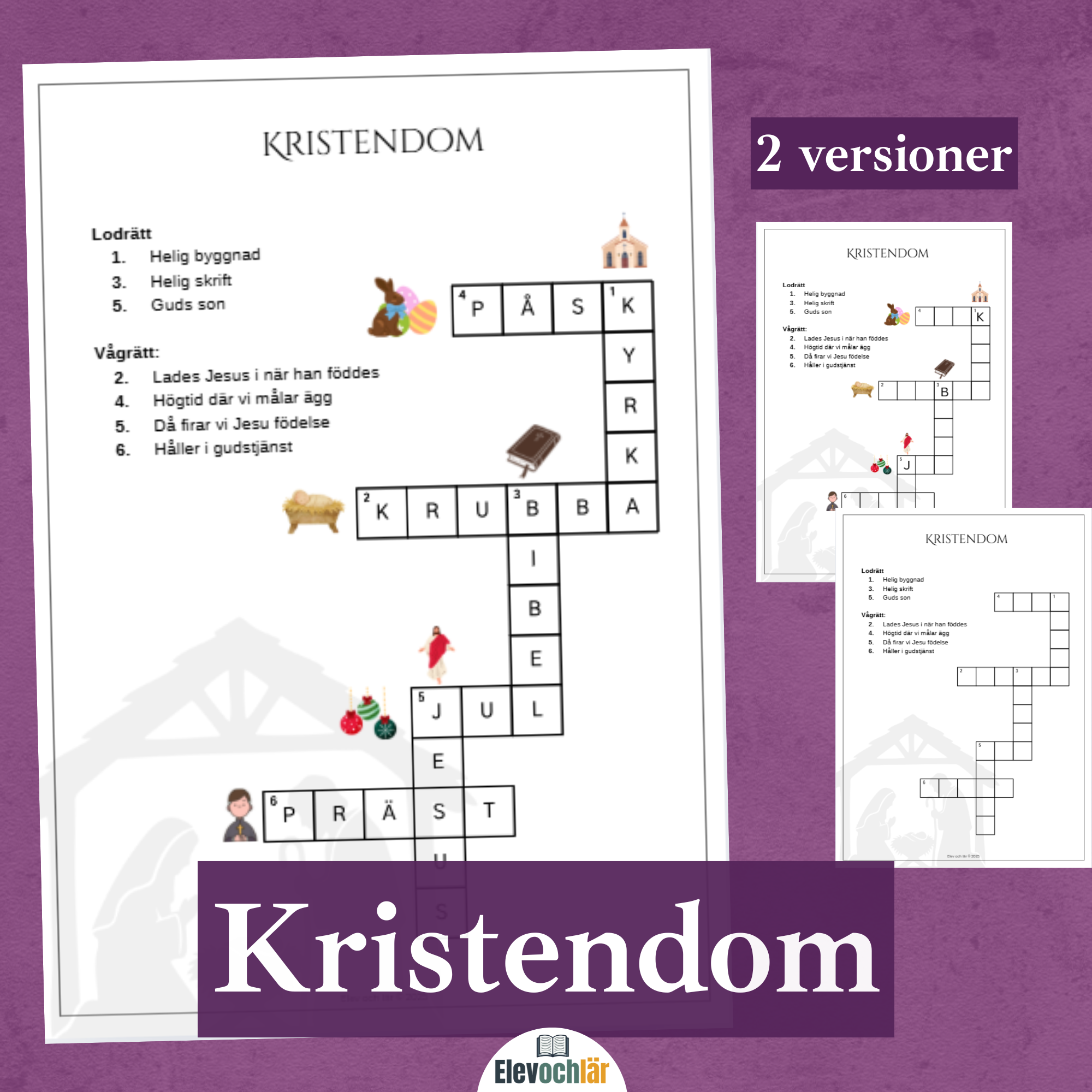 Kristendomen - korsord 2 versioner + facit