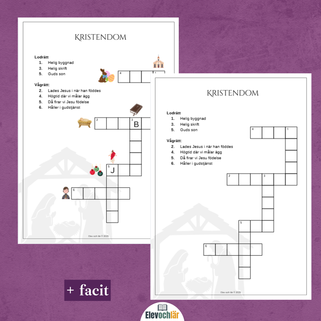 Kristendomen - korsord 2 versioner + facit