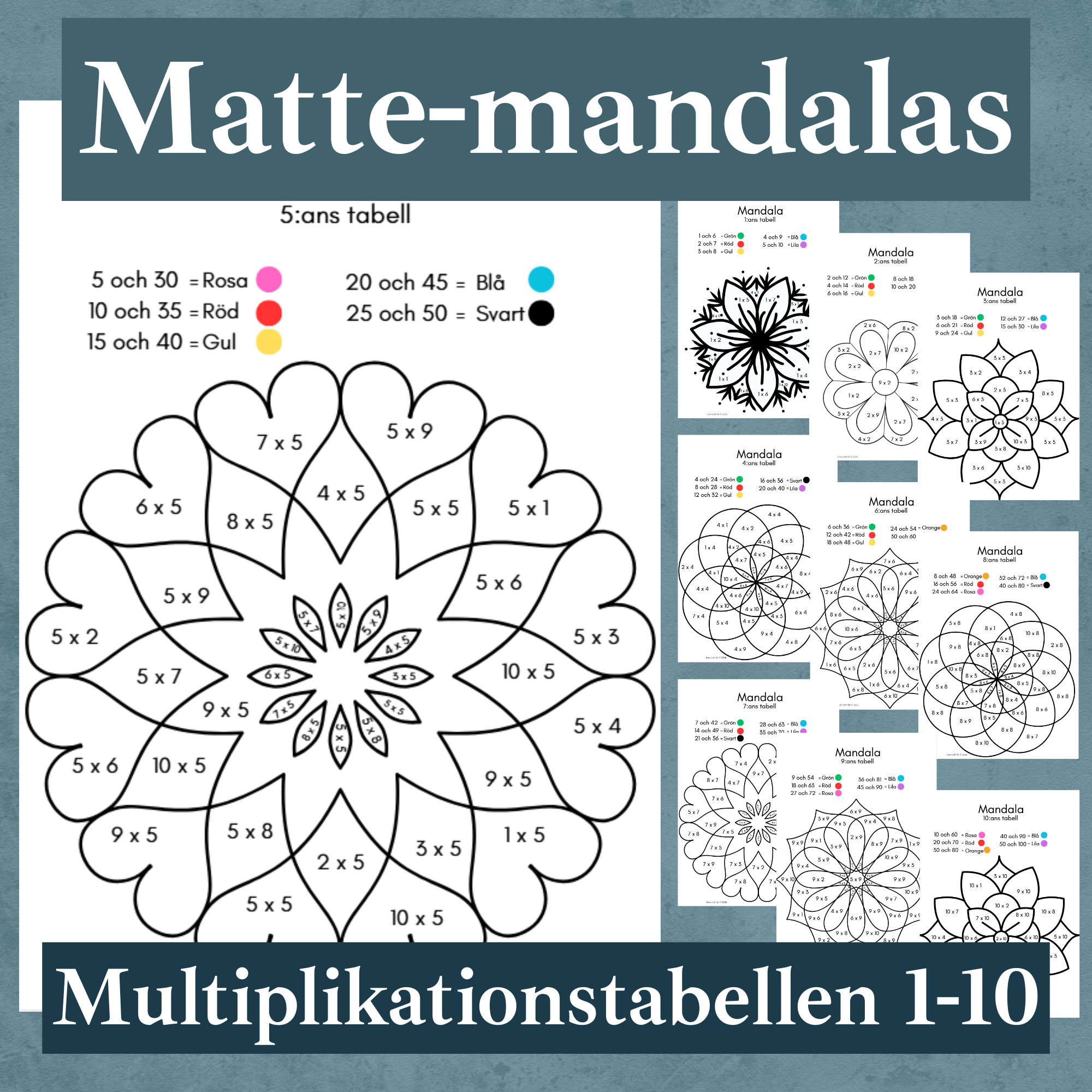 Matte-mandalas multiplikationstabellen 1-10. 10 arbetsblad