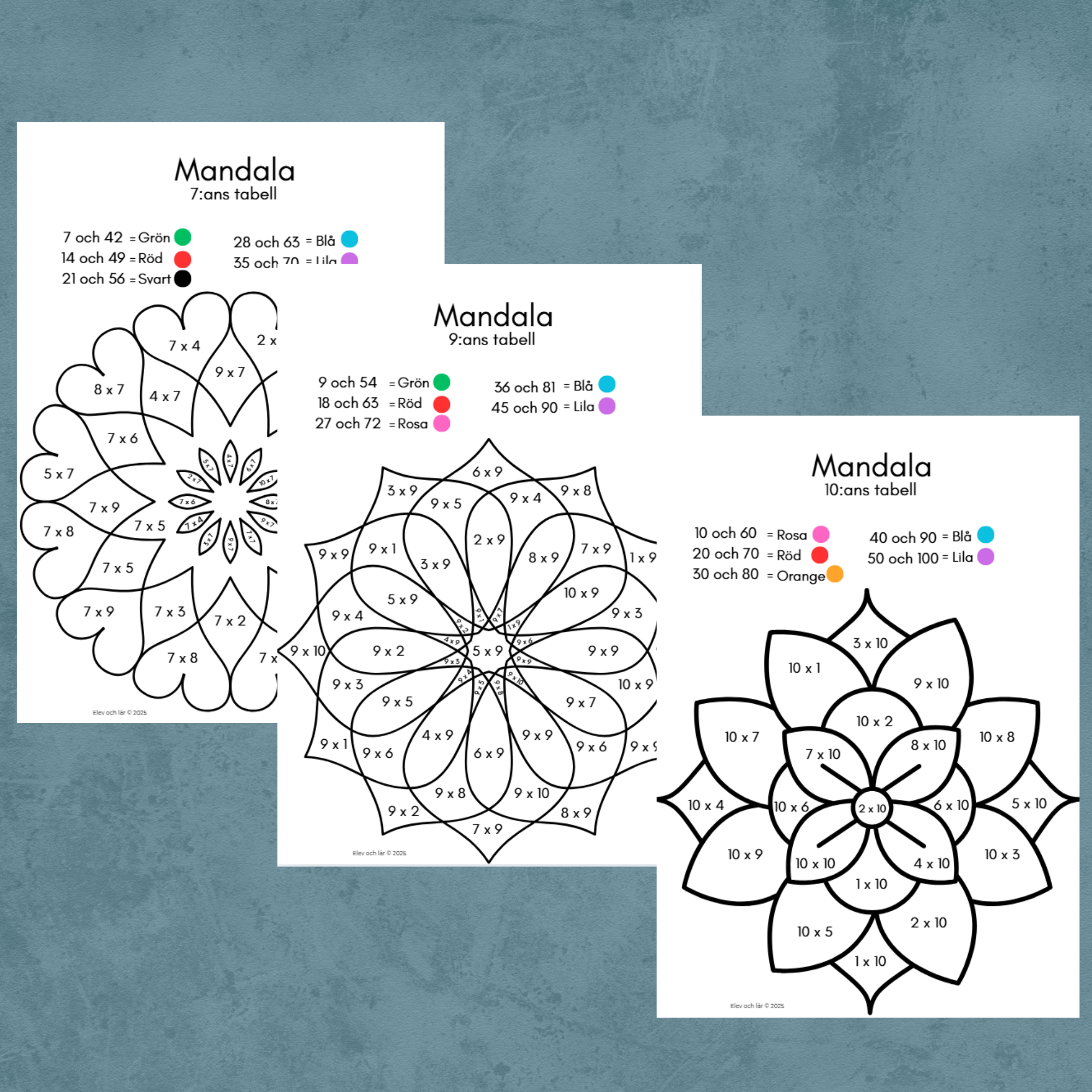 Matte-mandalas multiplikationstabellen 1-10. 10 arbetsblad