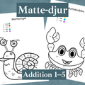 Matte-djur. Enkel addition 1-5. Färglägg efter siffror