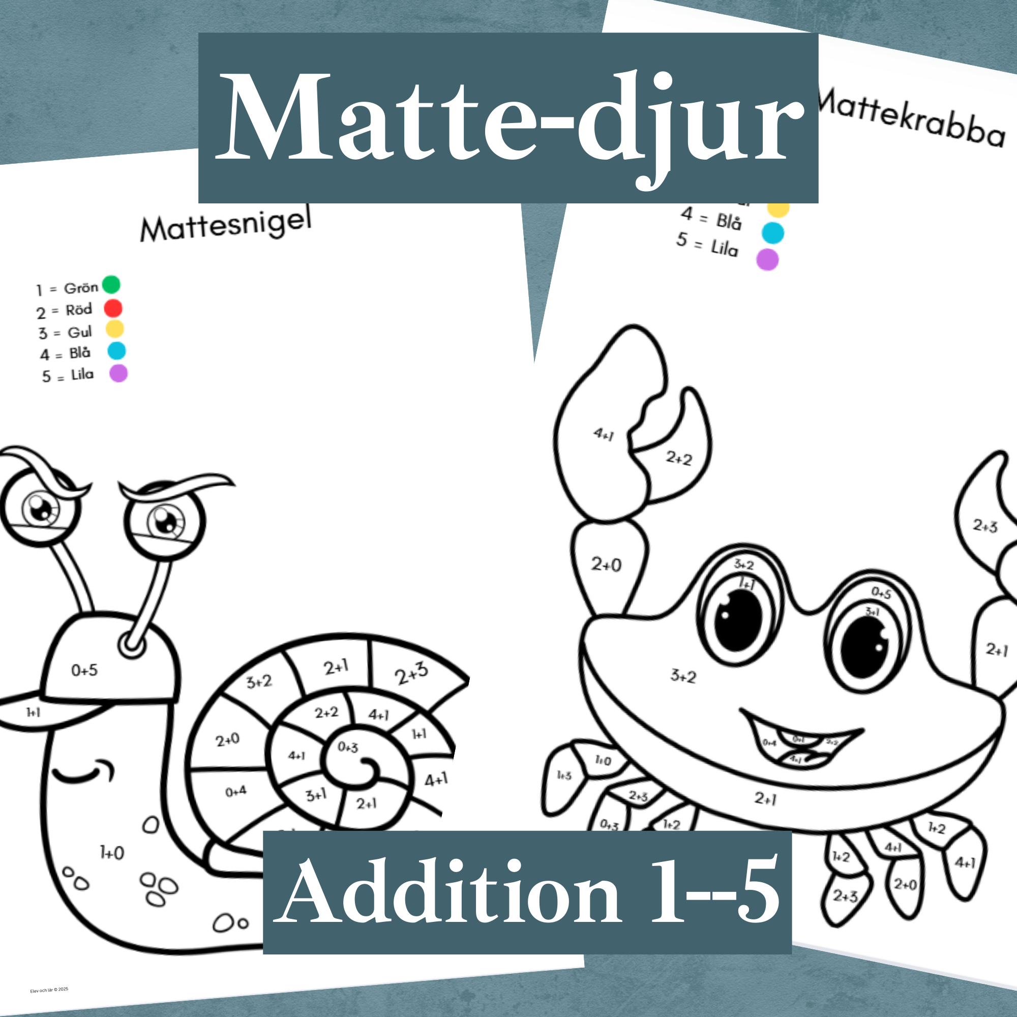 Matte-djur. Enkel addition 1-5. Färglägg efter siffror