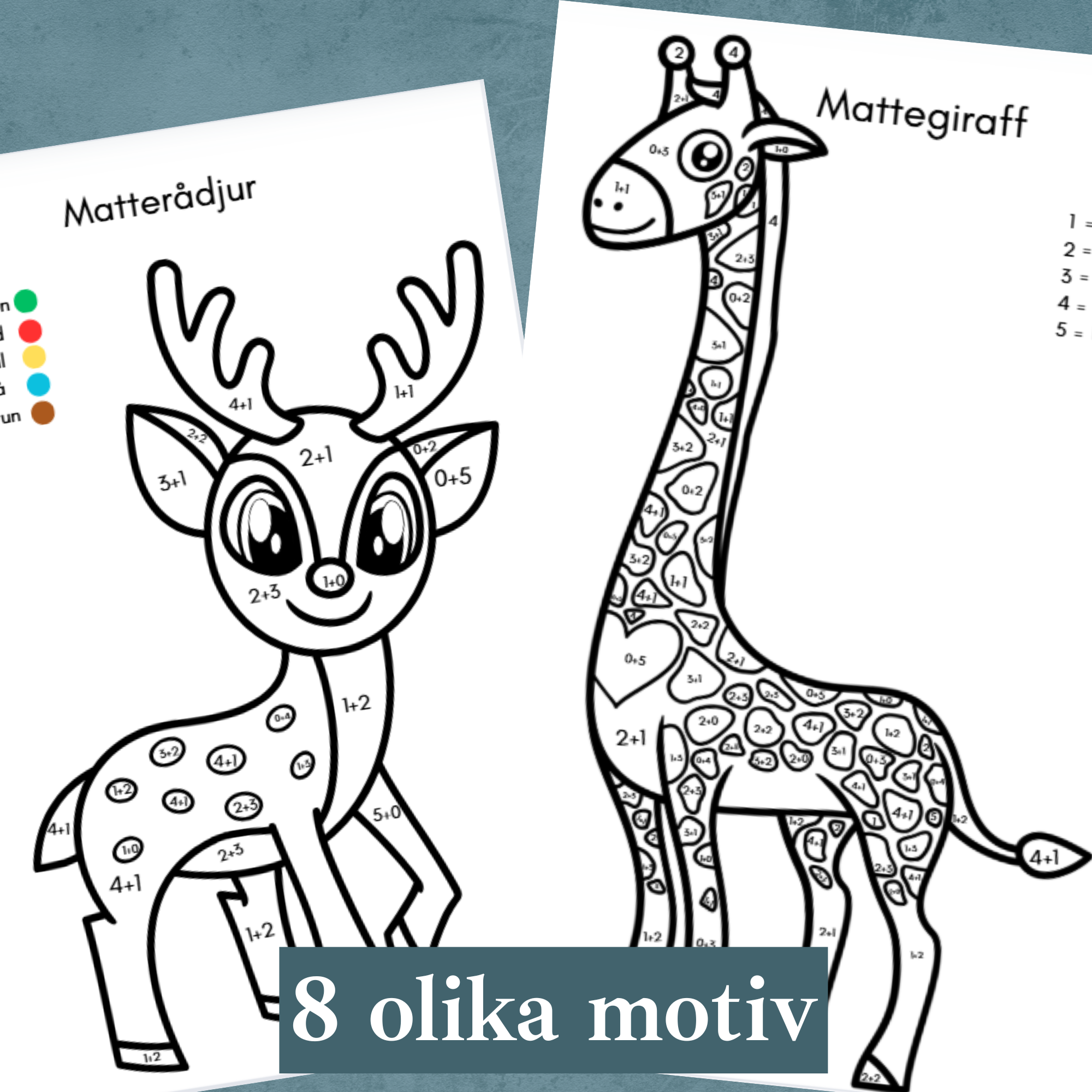 Matte-djur. Enkel addition 1-5. Färglägg efter siffror