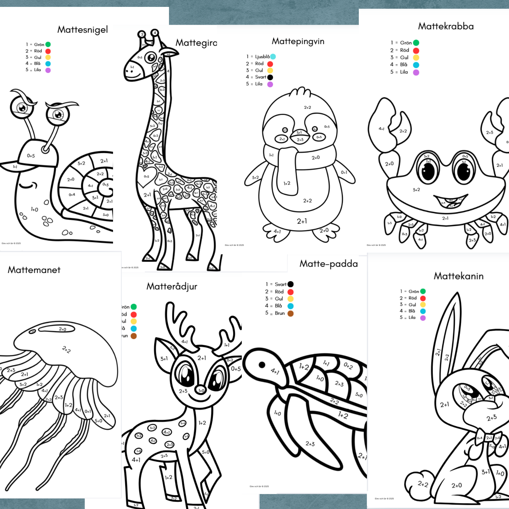 Matte-djur. Enkel addition 1-5. Färglägg efter siffror