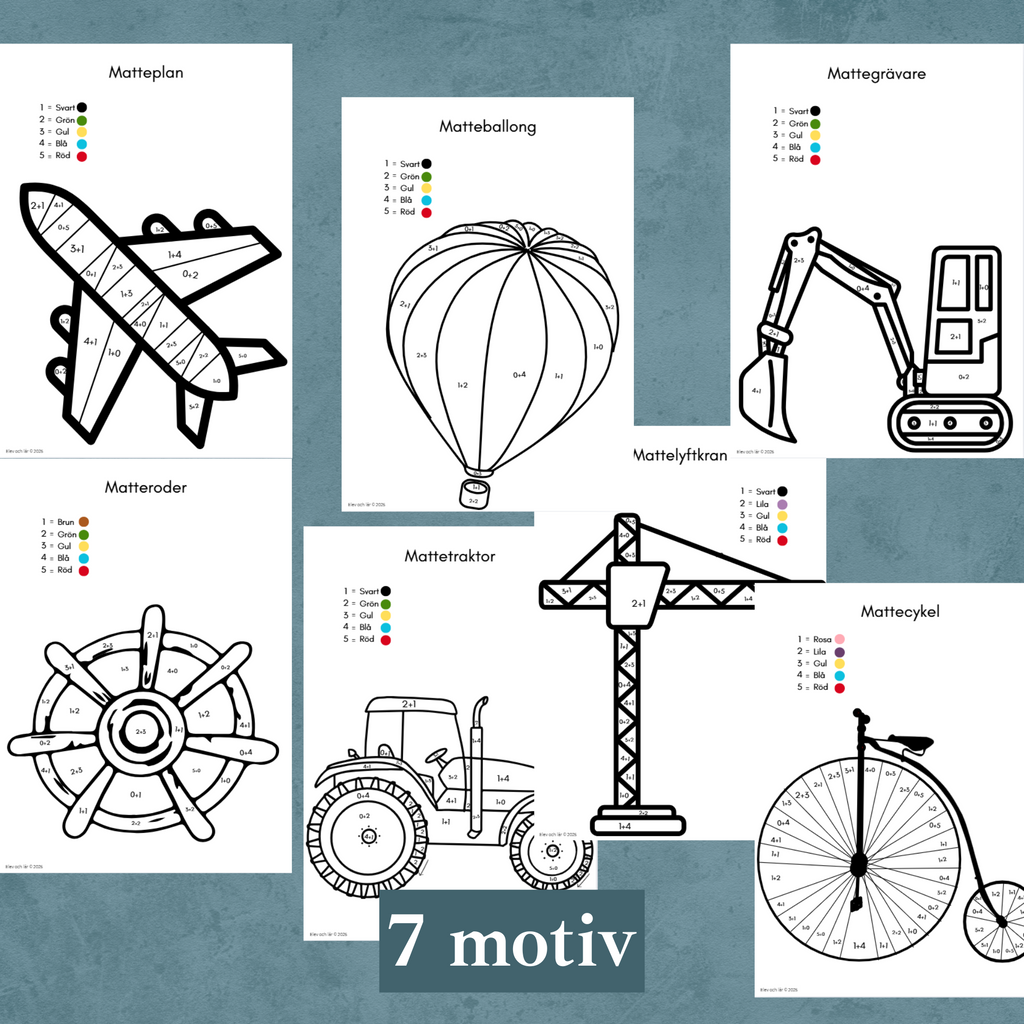 Matte-fordon. Enkel addition. Måla efter siffror