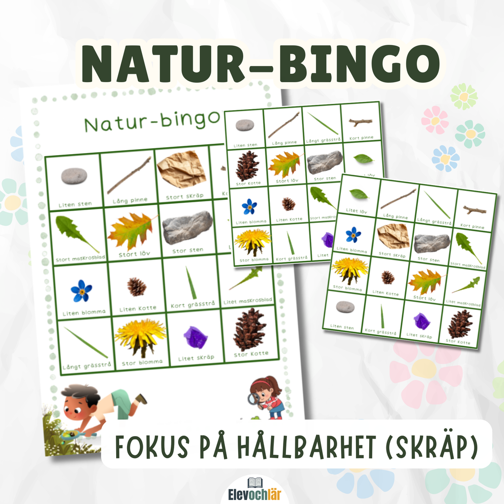 Naturbingo med hållbarhetsfokus. 3 bingobrickor och ett reflektionsblad.