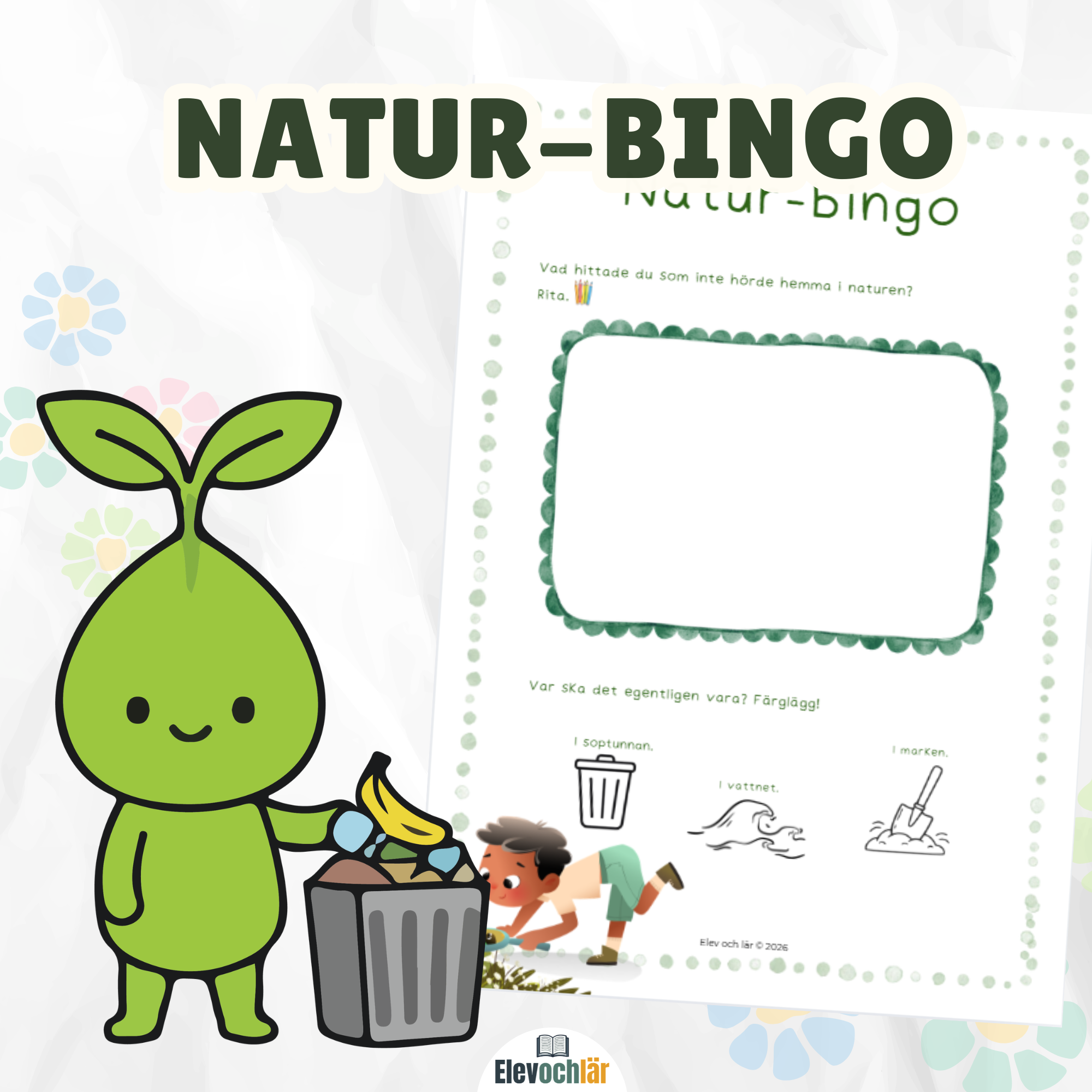 Naturbingo med hållbarhetsfokus. 3 bingobrickor och ett reflektionsblad.