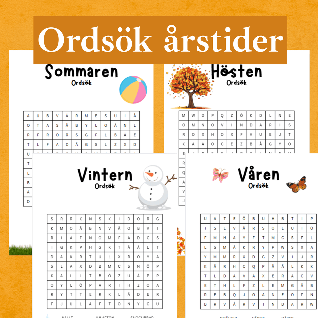 Ordsök årstider. Vår, sommar, höst och vinter. Med facit för självständig rättning!