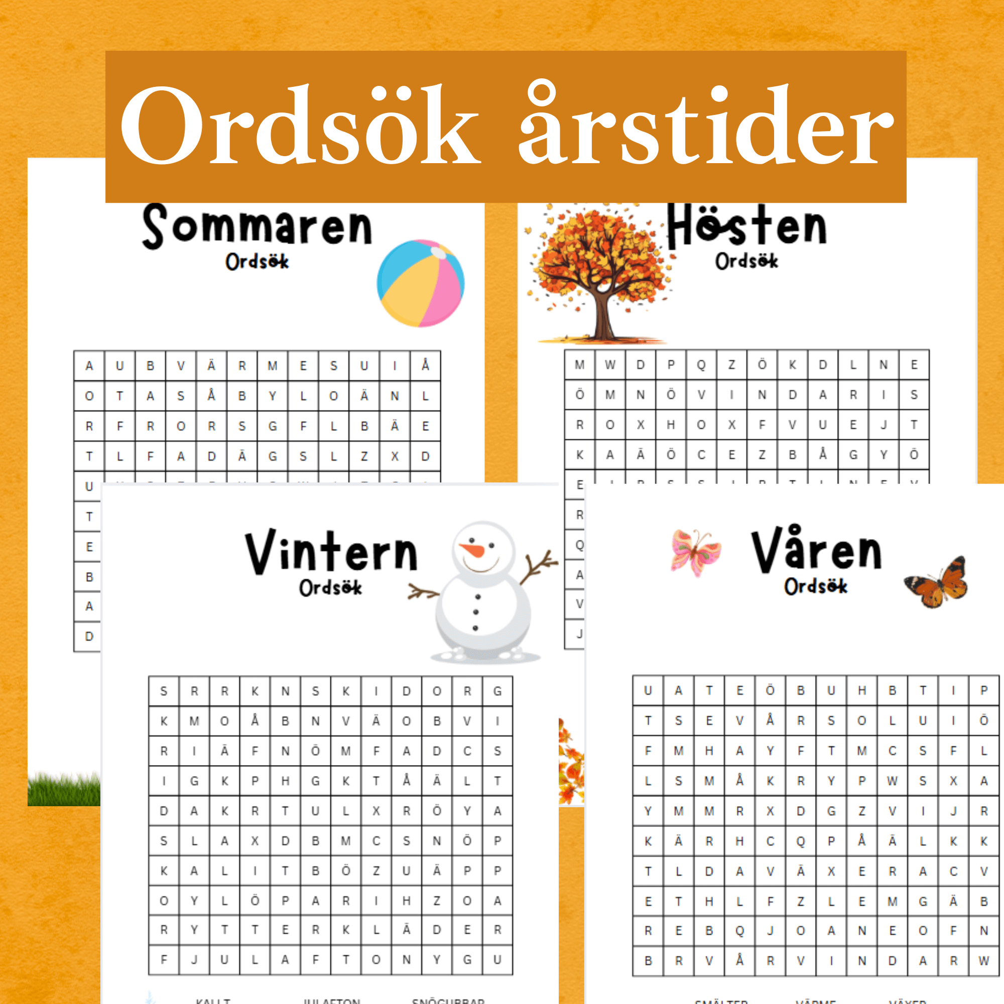 Ordsök årstider. Vår, sommar, höst och vinter. Med facit för självständig rättning!