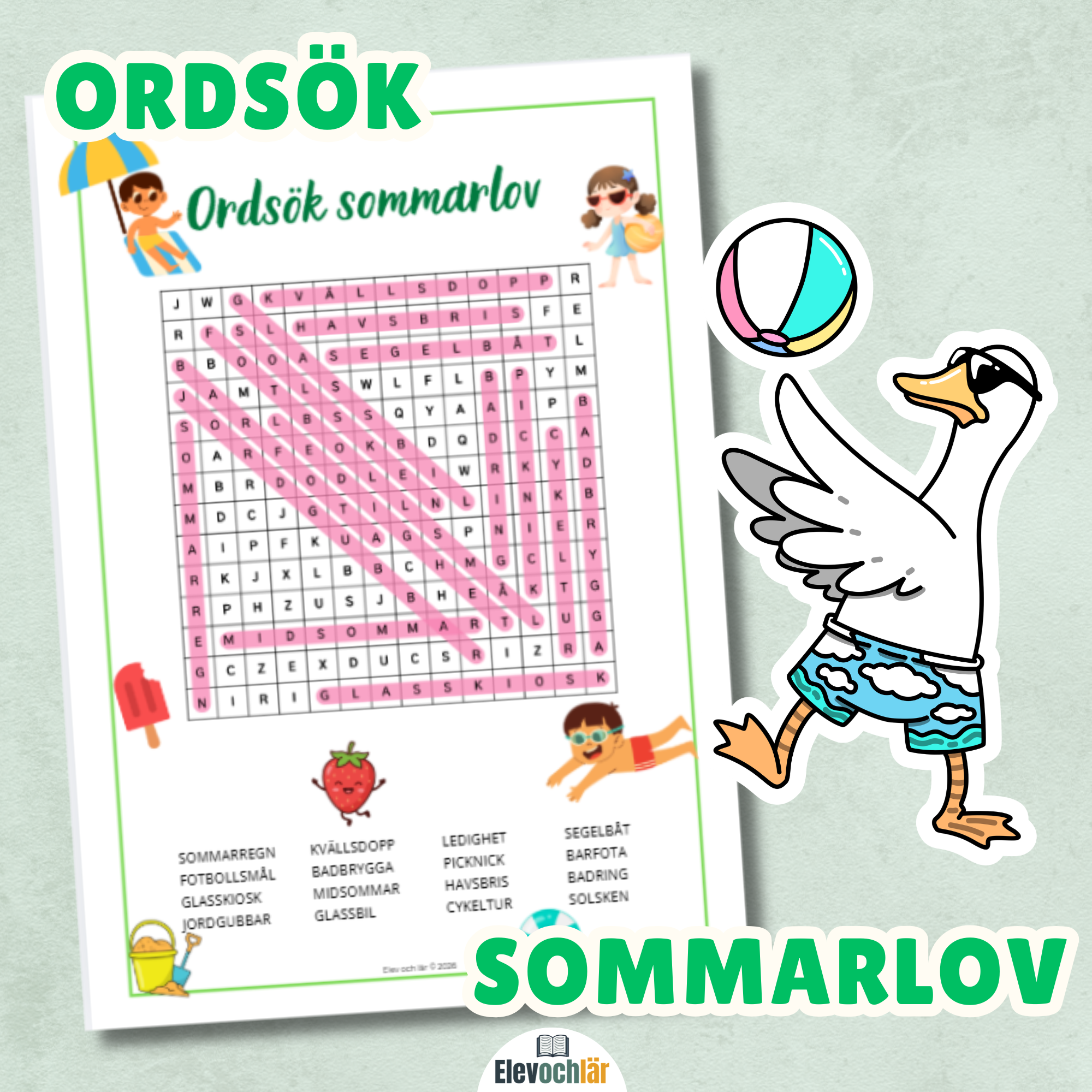 Ordsök Sommarlov 16 ord + facit (sammansatta ord)