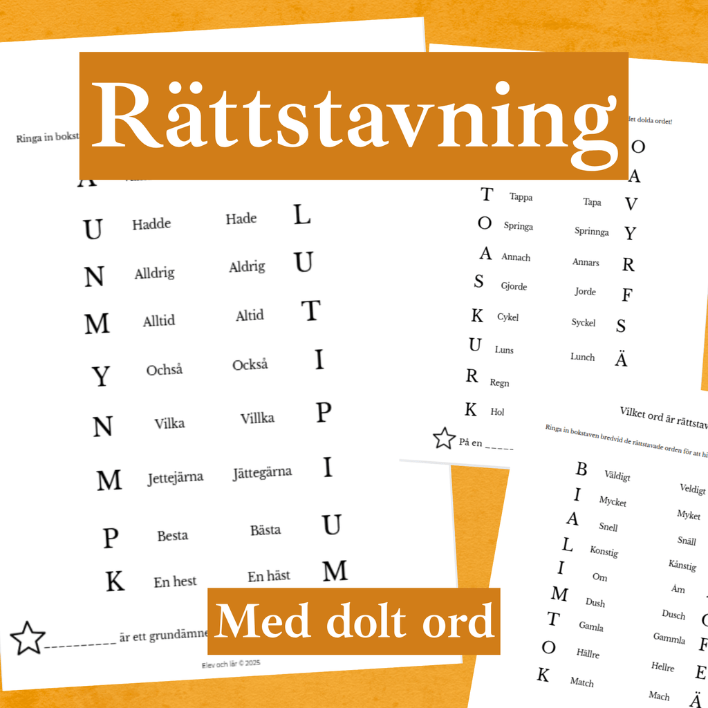 Rättstavning med dolt ord. 3 arbetsblad. Öva rättstavning av vanliga felstavade ord