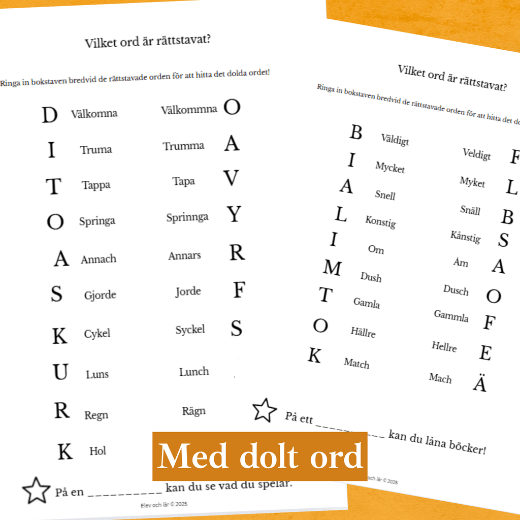 Rättstavning med dolt ord. 3 arbetsblad. Öva rättstavning av vanliga felstavade ord