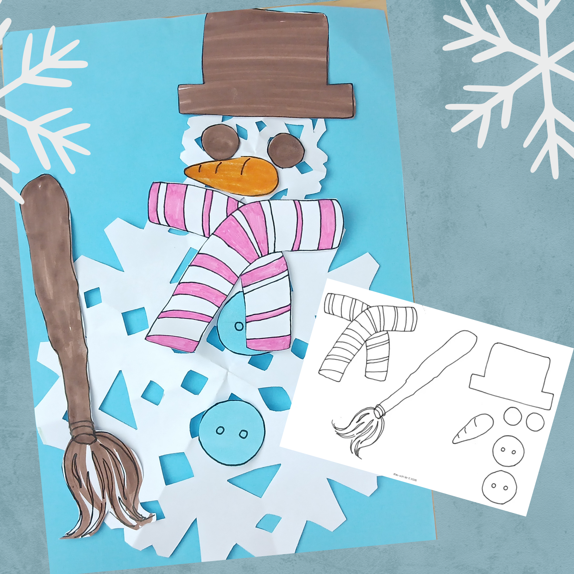 Snöflinge-snögubbe! Vinterpyssla en snögubbe av snöflingor i papper + tillbehör och PP-presentation steg för steg.