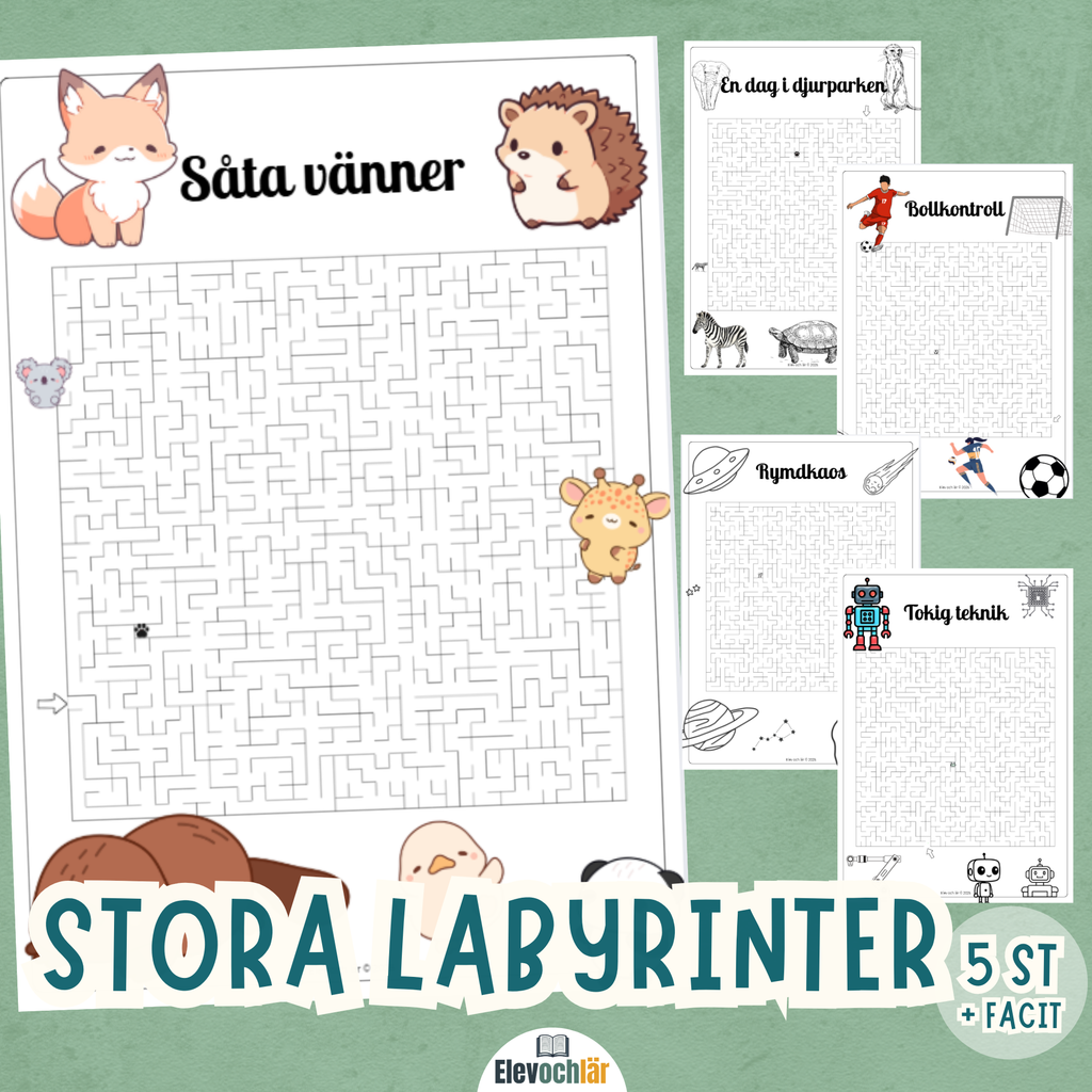 Labyrinter STORA! 5 stycken i olika teman + facit