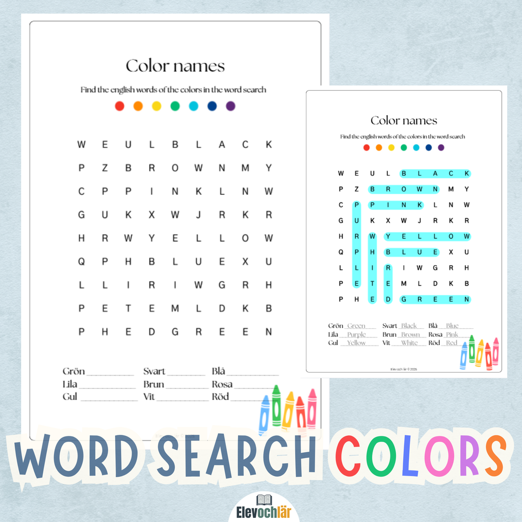 Word search colors - Engelska och Svenska + facit