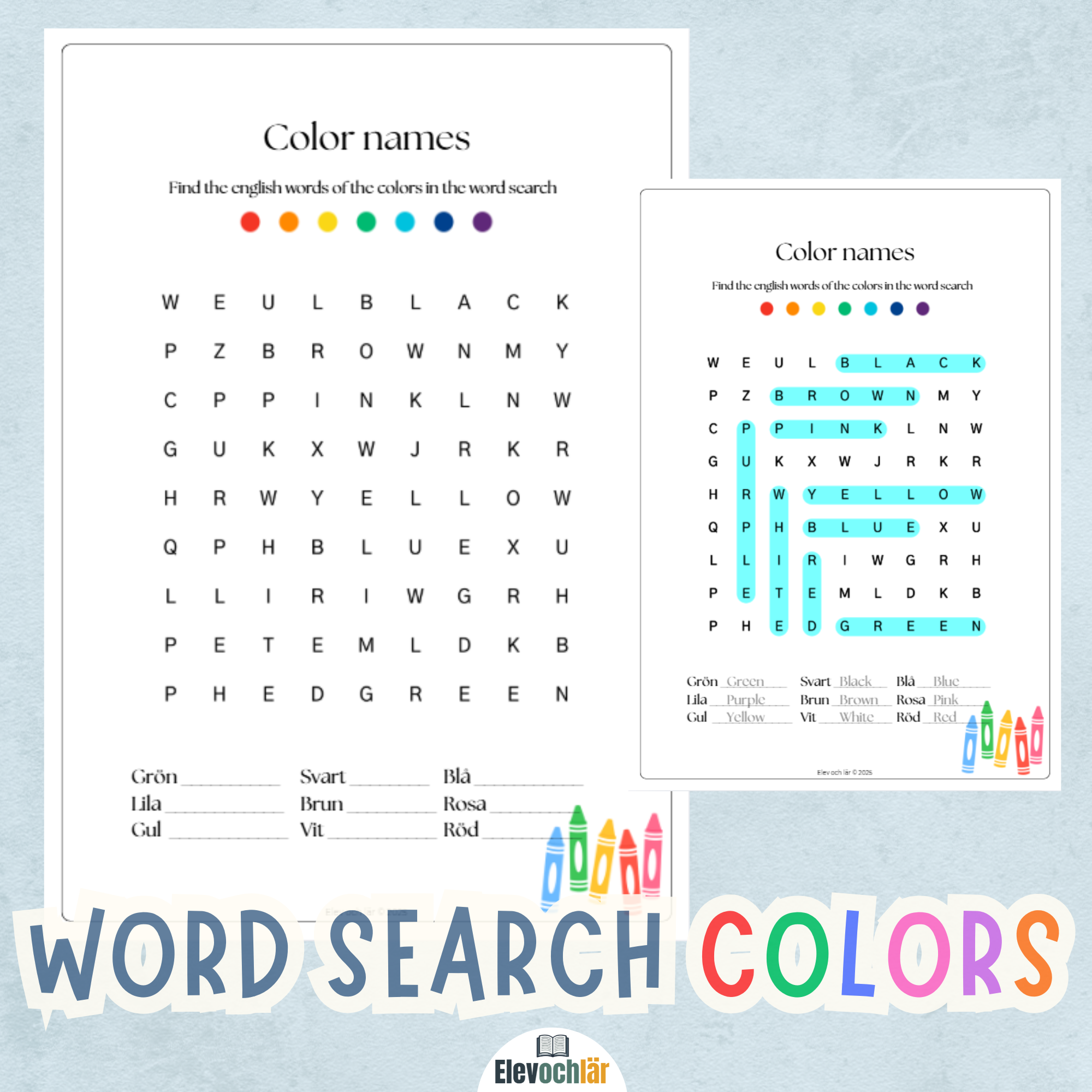 Word search colors - Engelska och Svenska + facit