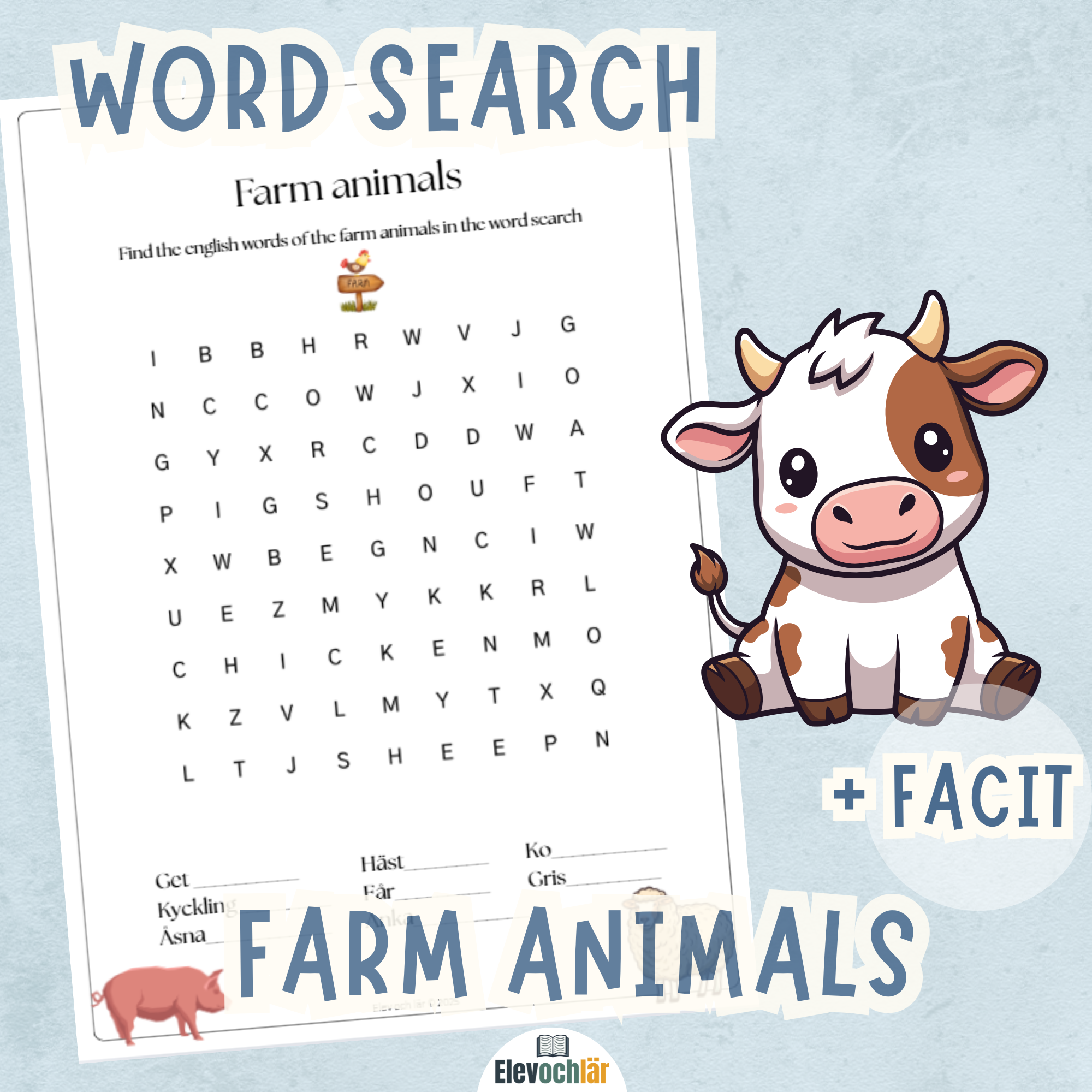 Word search - Farm animals + facit