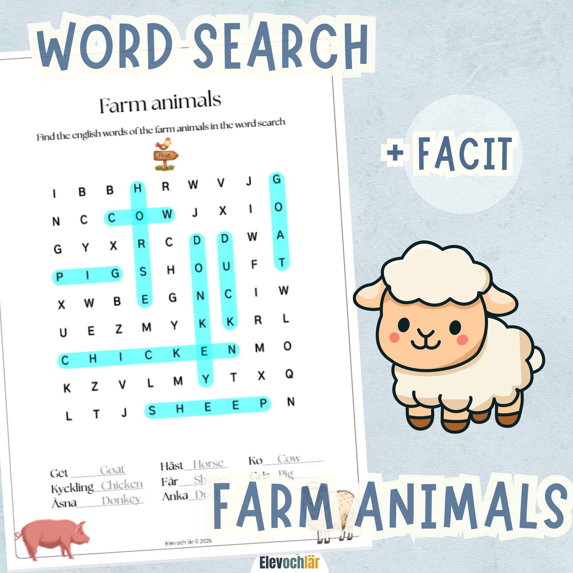 Word search - Farm animals + facit