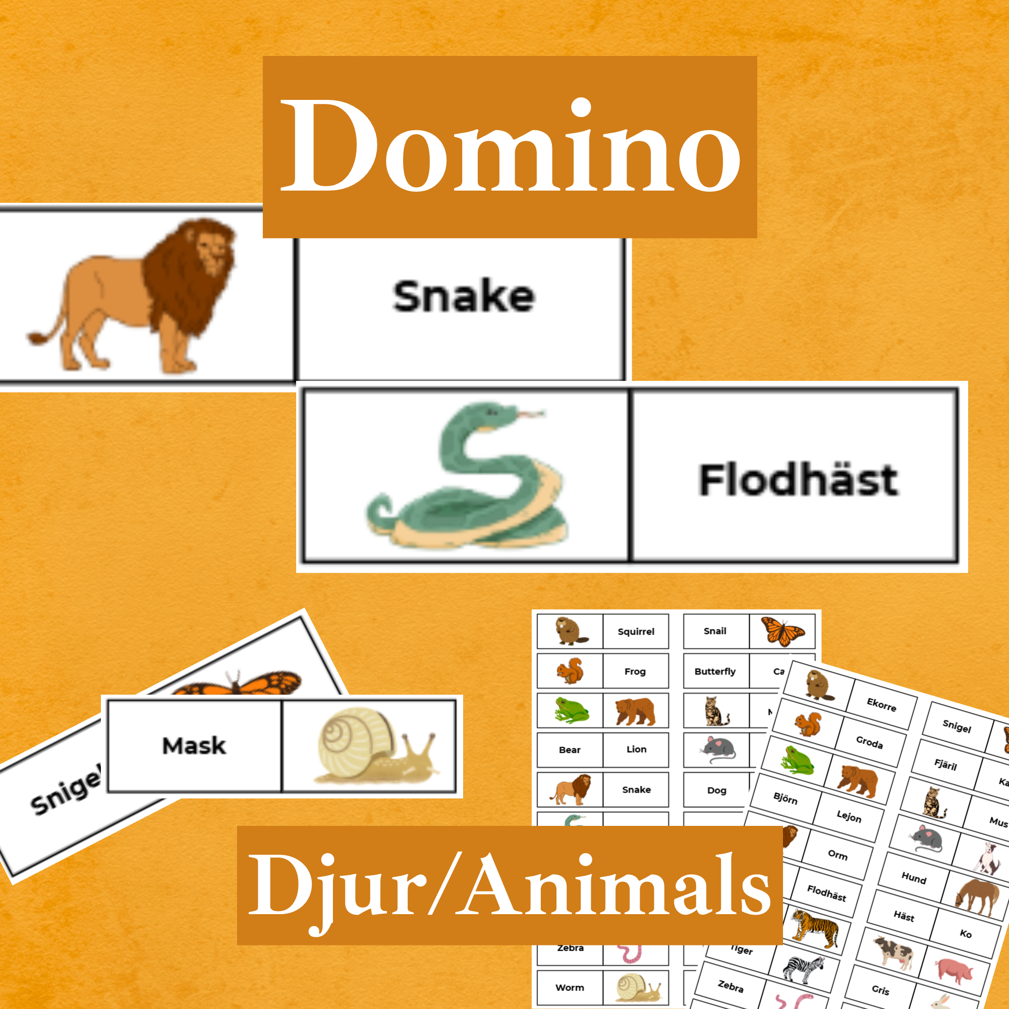 Domino - 40 brickor med djurnamn på både svenska och engelska.