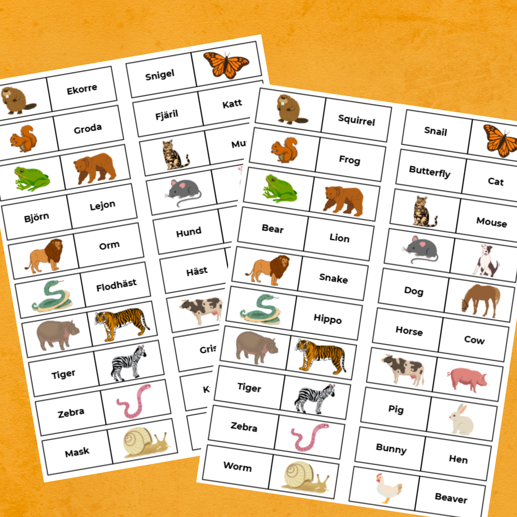 Domino - 40 brickor med djurnamn på både svenska och engelska.