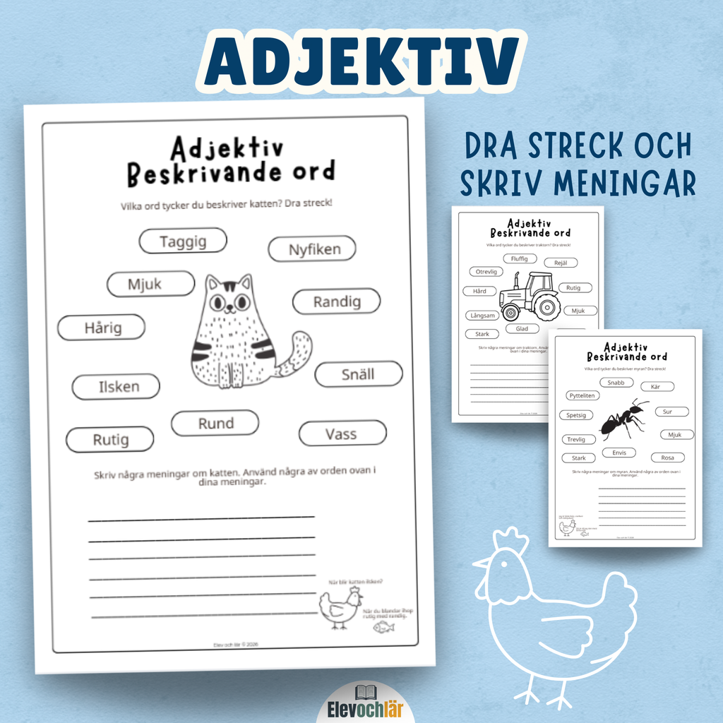 Adjektiv arbetsblad - dra streck och skriv meningar 3st