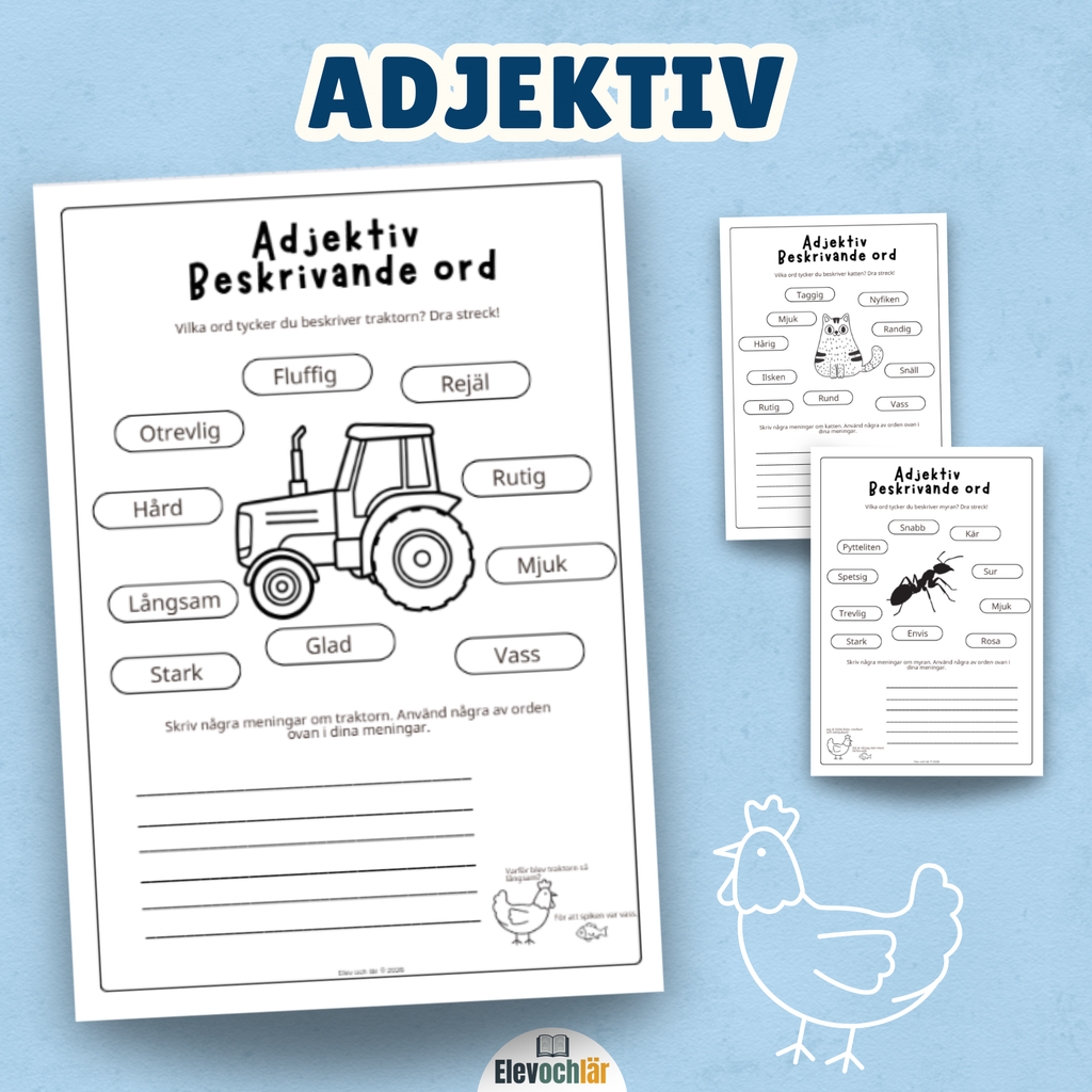 Adjektiv arbetsblad - dra streck och skriv meningar 3st
