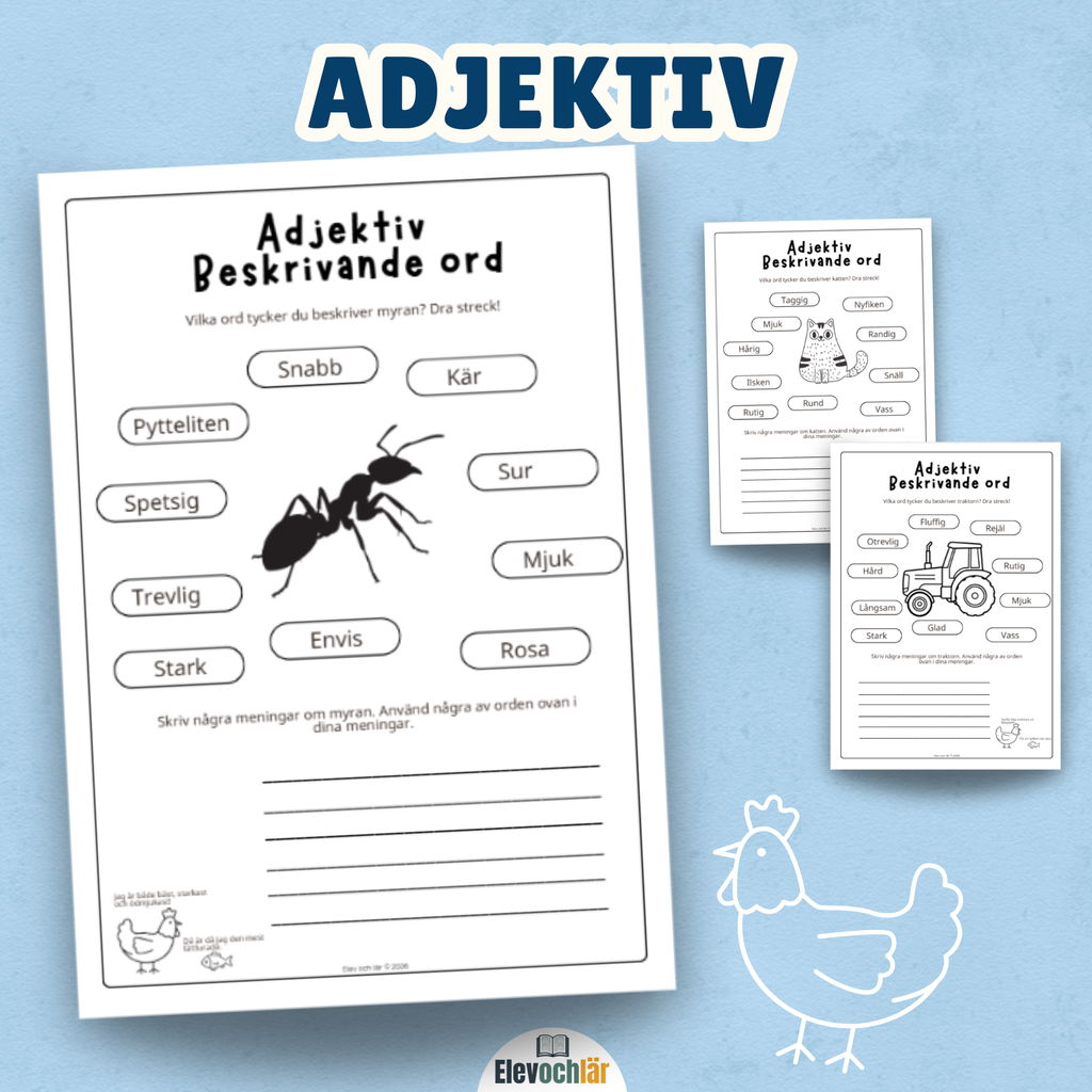 Adjektiv arbetsblad - dra streck och skriv meningar 3st
