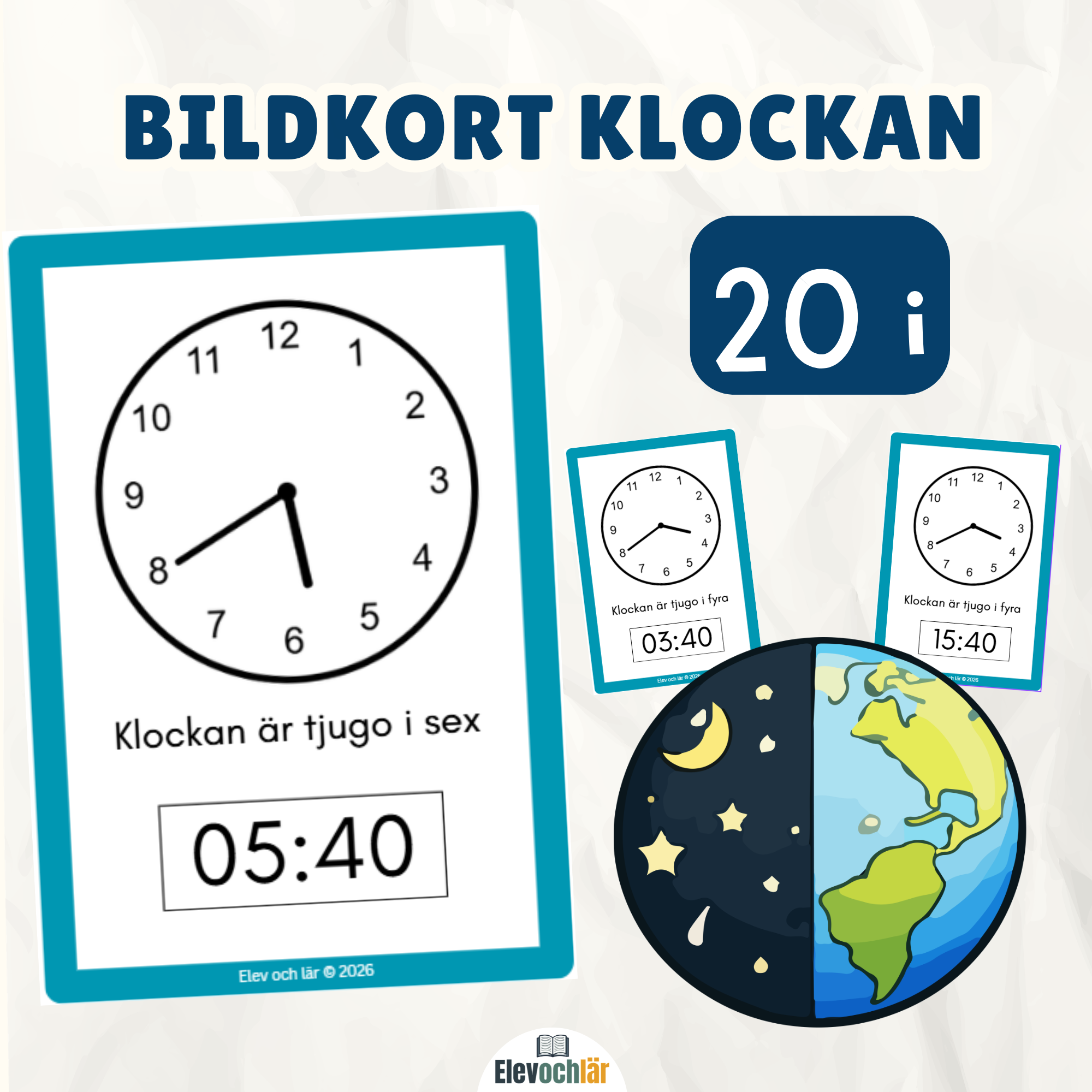 Bildkort klockan 20 i (digital och analog tid)