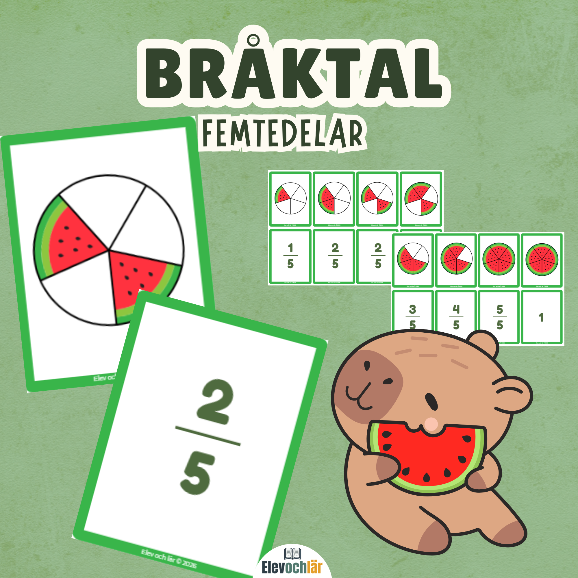 Bråktal femtedelar - bildkort med meloner i 5 delar