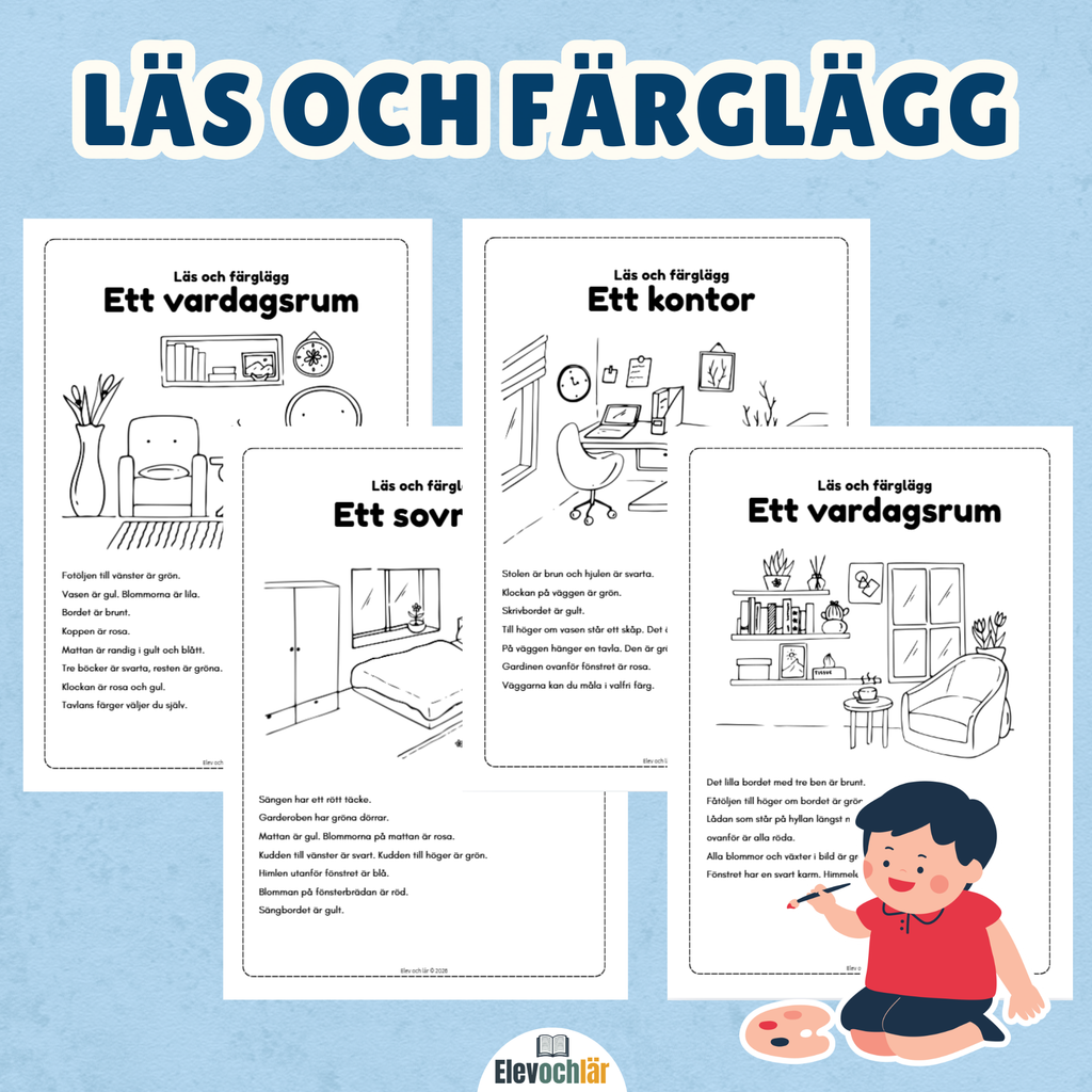 Läs och färglägg - olika rum