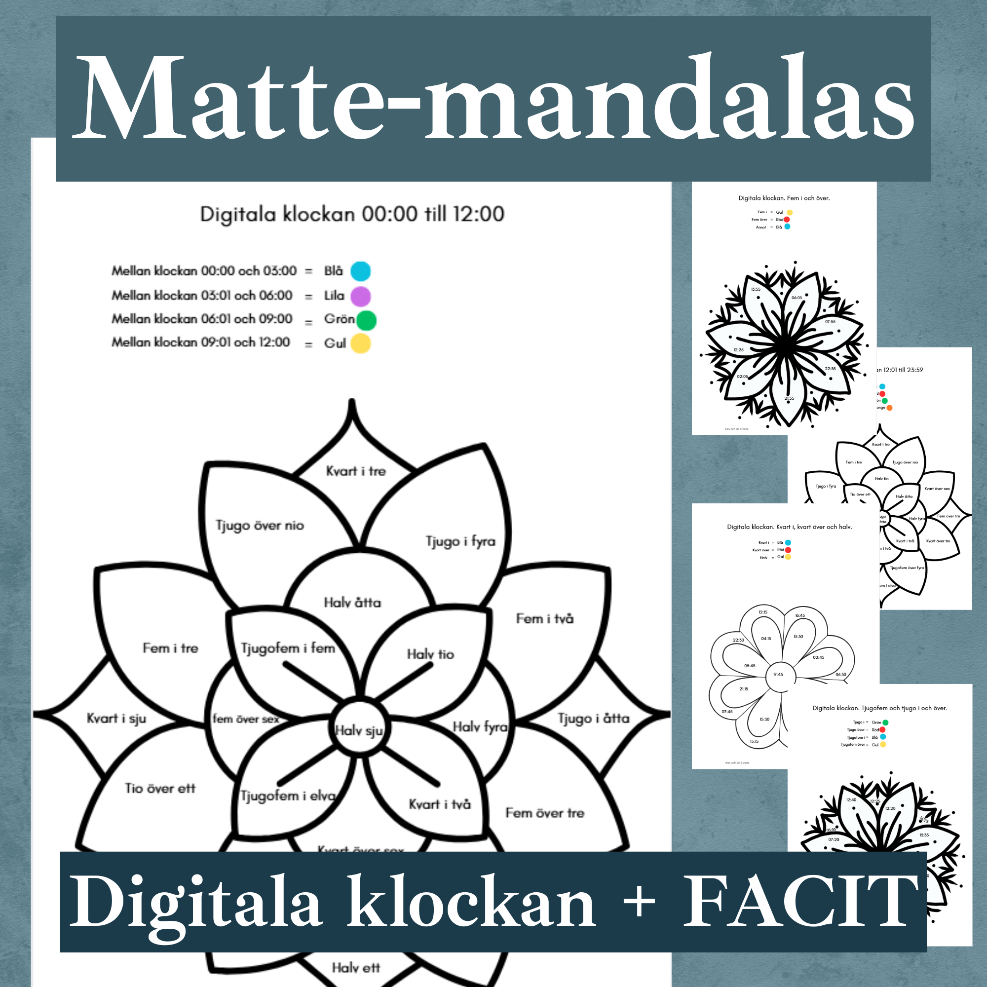 Digitala klockan mandalas - 5 arbetsblad + facit. Öva digital tid!
