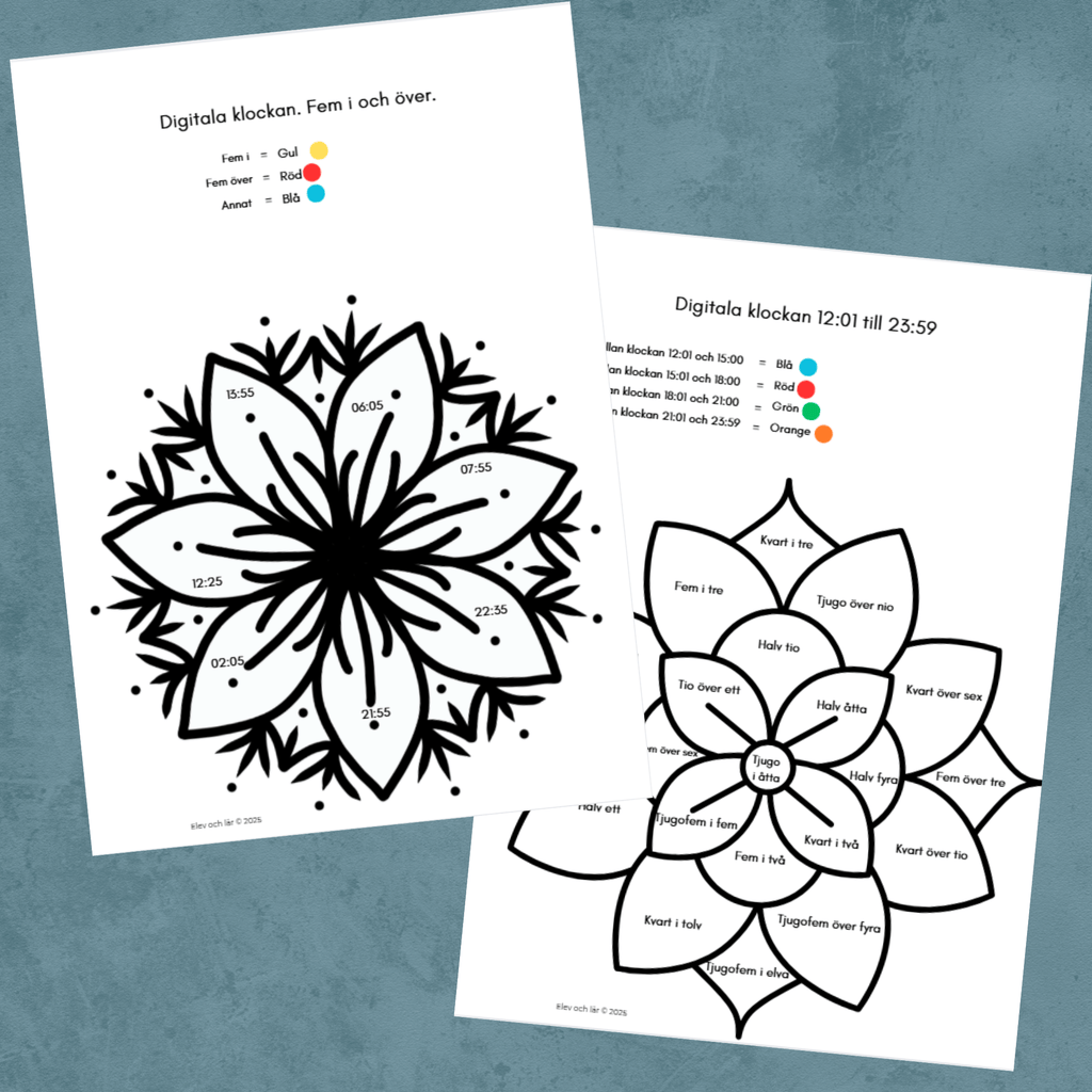 Digitala klockan mandalas - 5 arbetsblad + facit. Öva digital tid!